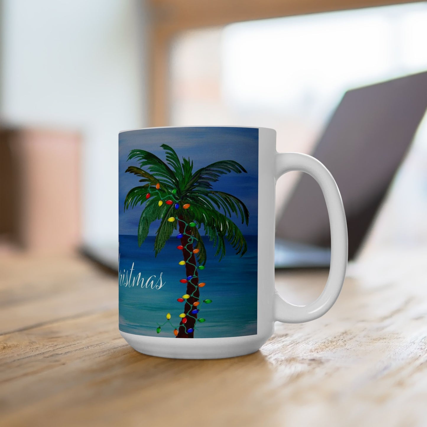 Tropical Christmas with decorated palm trees Ceramic Mug (11oz, 15oz) - Coastal Holiday Coffee Cup - Great Christmas Gift