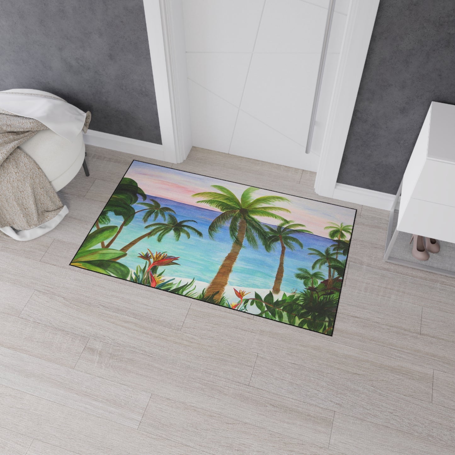 Aqua beach palm trees tropical theme coastal door floormat for indoor or outdoor with Non-Skid Backing, 5 Sizes Available