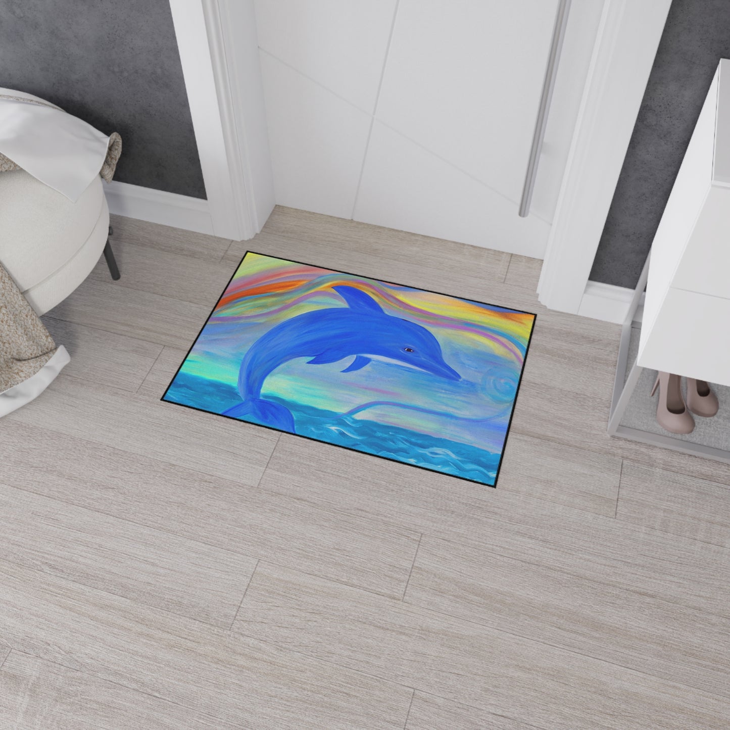 Floor Mat - Blue Dolphin Sealife Beach Coastal Theme with Non-Skid Backing