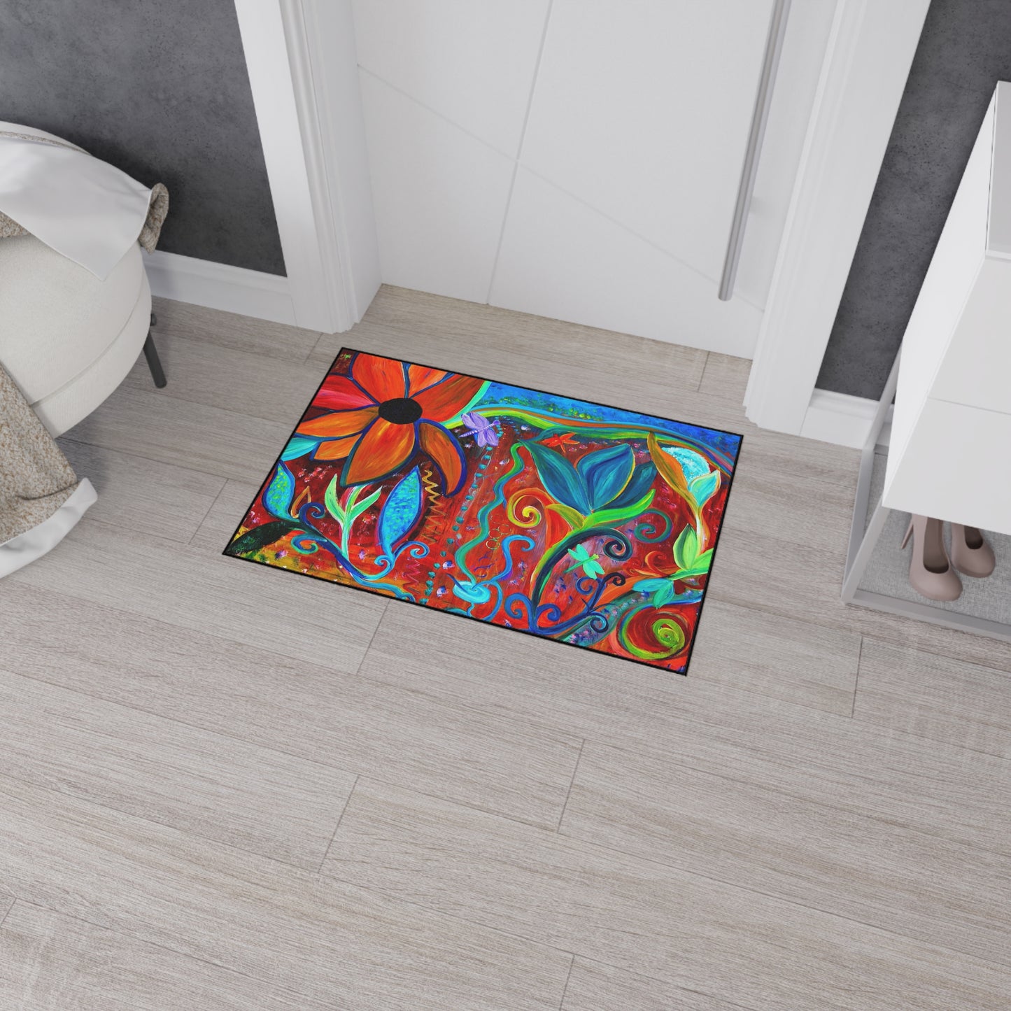 Door Mat - Abstract Floral Intuitive Art Theme - Orange Blue - Non-Skid Backing