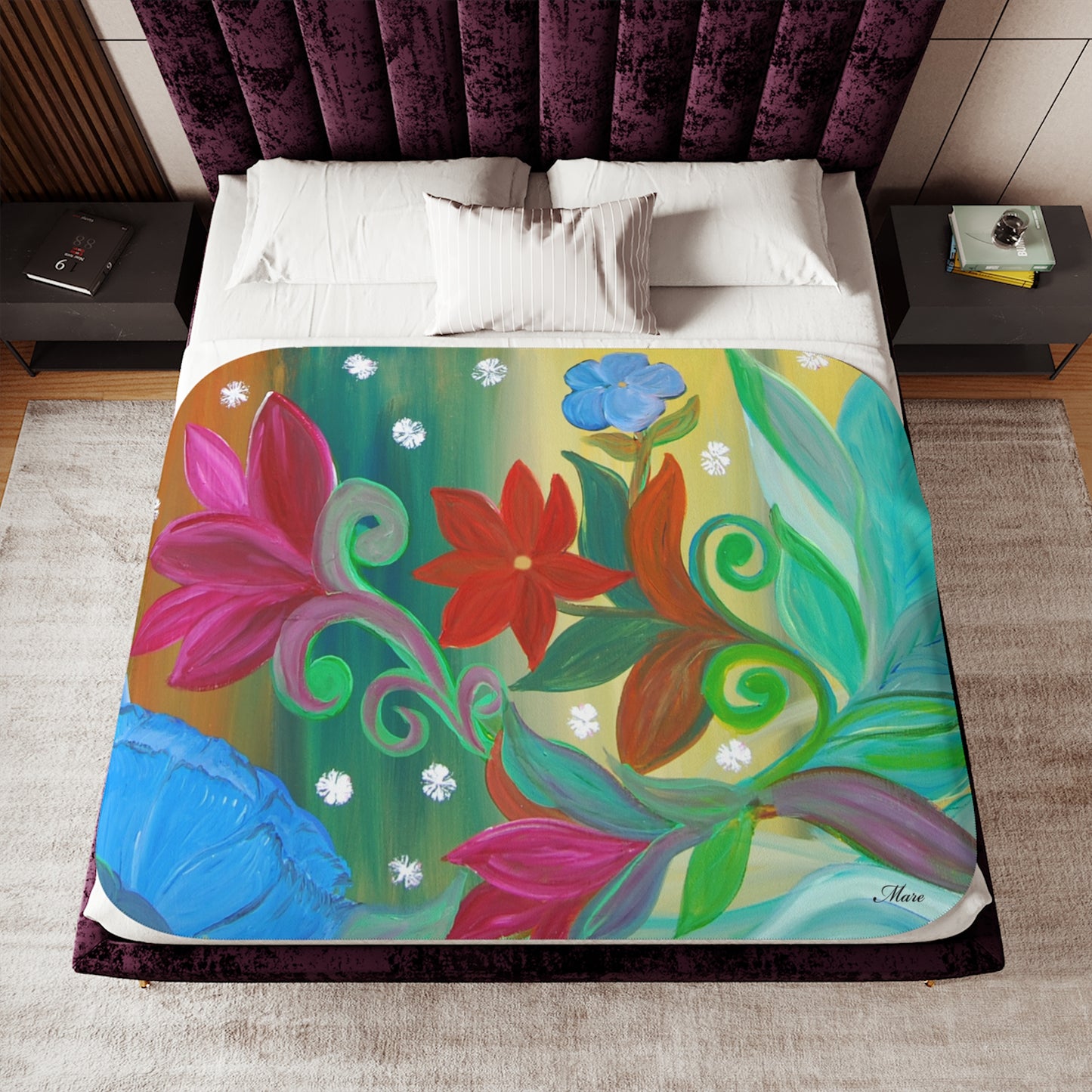 Bold floral intuitive art red, blue, greens Sherpa Blanket, Colorful flowers garden Design, Two Colors to choose from on reverse side.