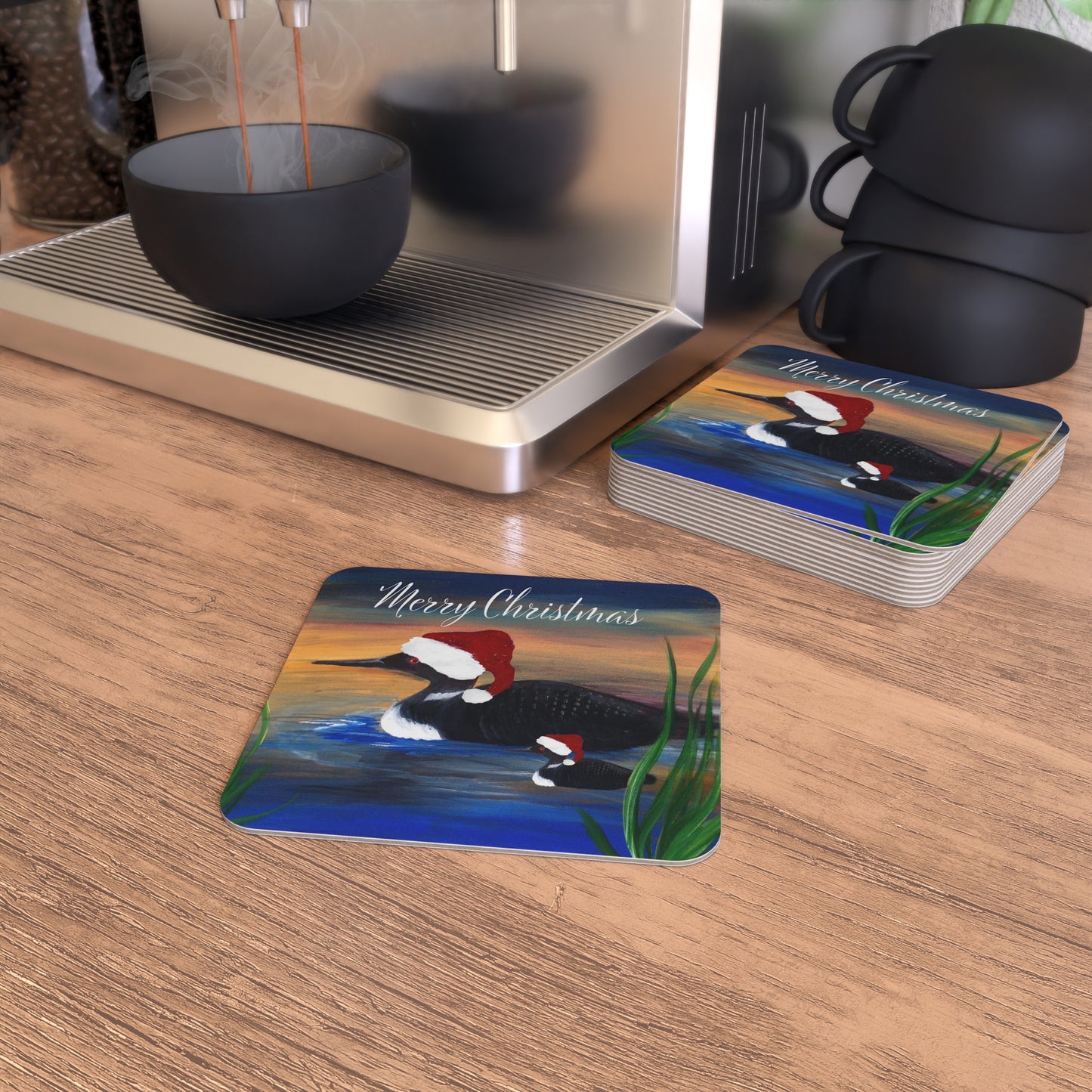 Loon Christmas lake house Holiday party Coasters Set Hardboard (50 or 100 pcs) Size 4 x 4 inches.