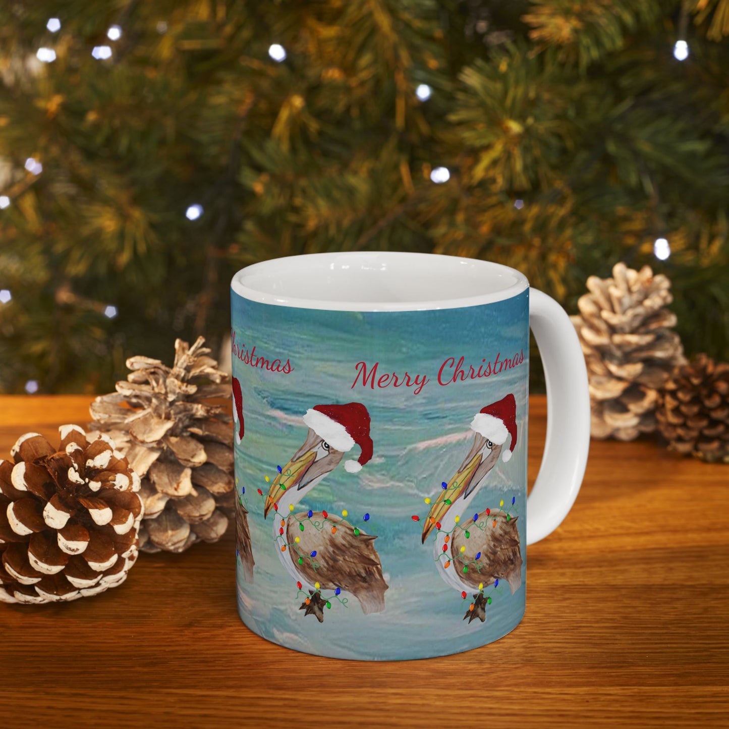 Pelicans Christmas on clearwater beach  Ceramic Mug (11oz, 15oz) - Coastal Holiday Coffee Cup - Great Christmas Gift