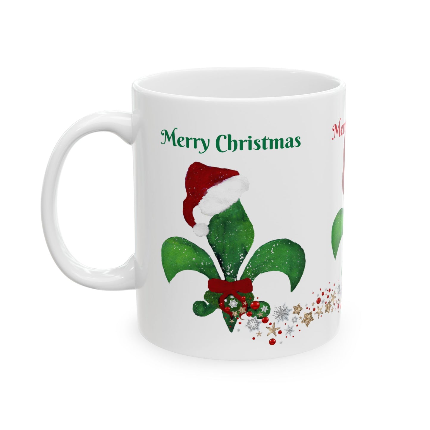 Santa fleur de lis red green white Holiday Christmas Ceramic Mug (11oz, 15oz) - Holiday Coffee Cup - Great Cajun Christmas Gift