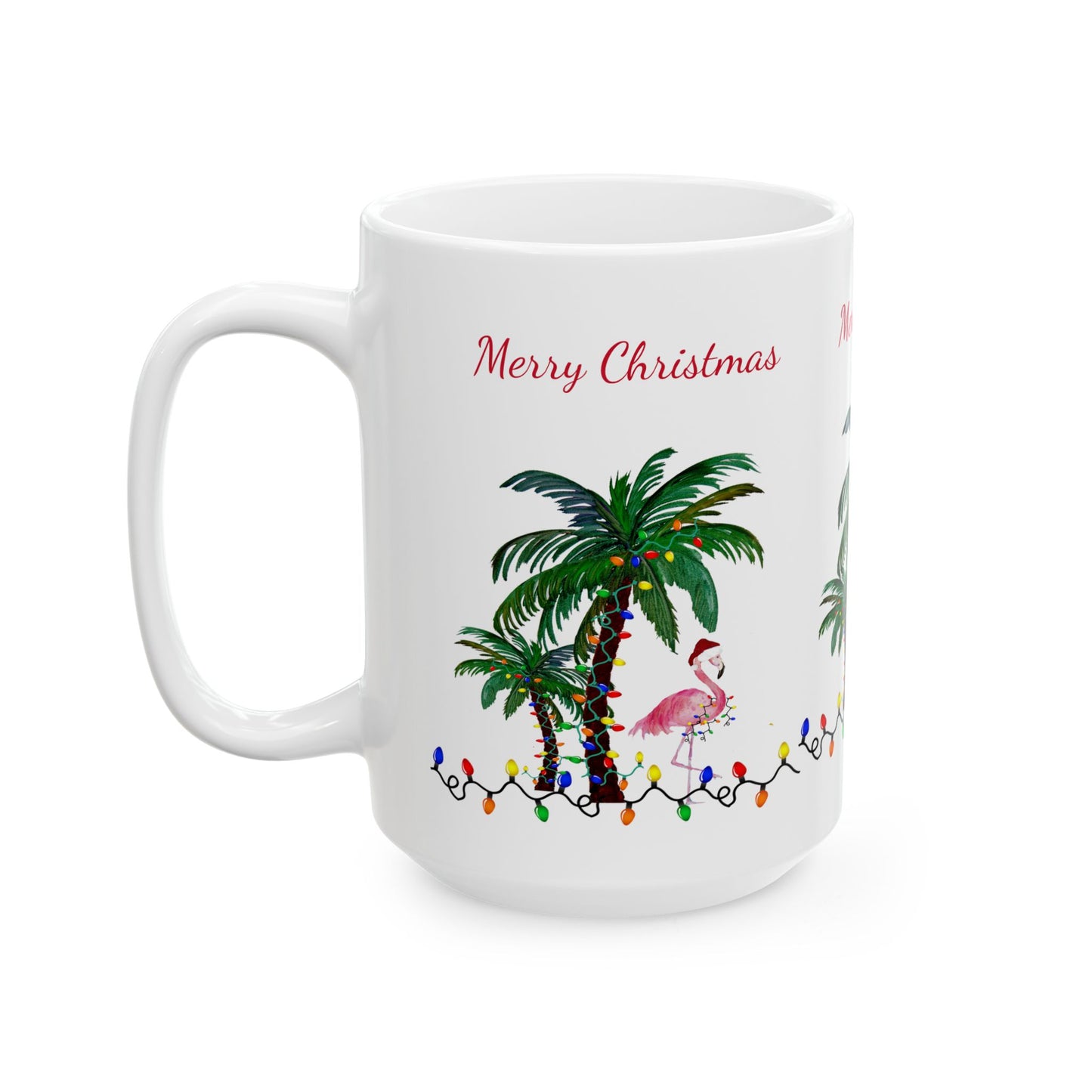 Christmas flamingo and Palm Trees Ceramic Mug (11oz, 15oz) - Coastal Holiday Coffee Cup - Great Christmas Gift