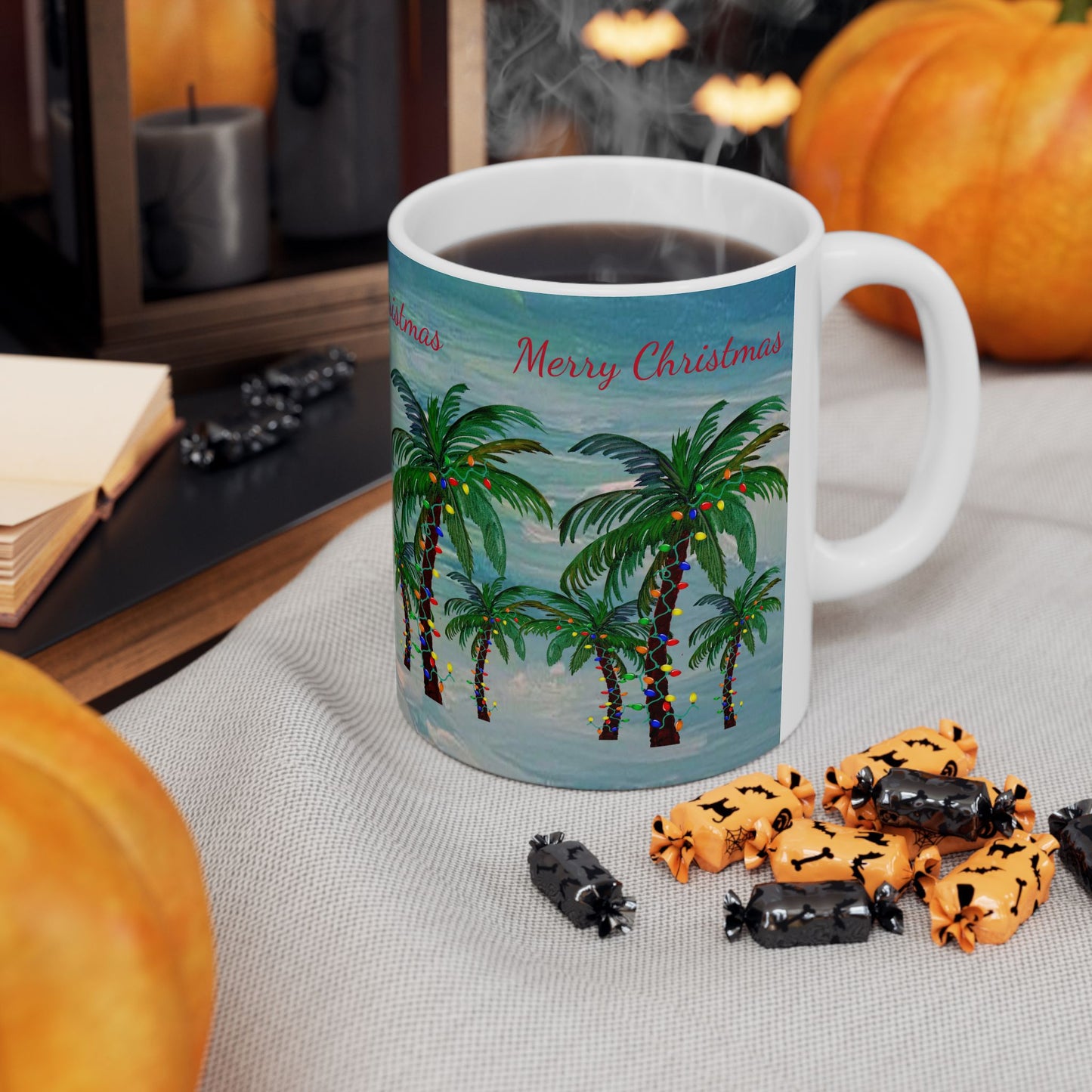 Christmas Palm Trees Ceramic Mug (11oz, 15oz) - Coastal Holiday Coffee Cup - Great Christmas Gift