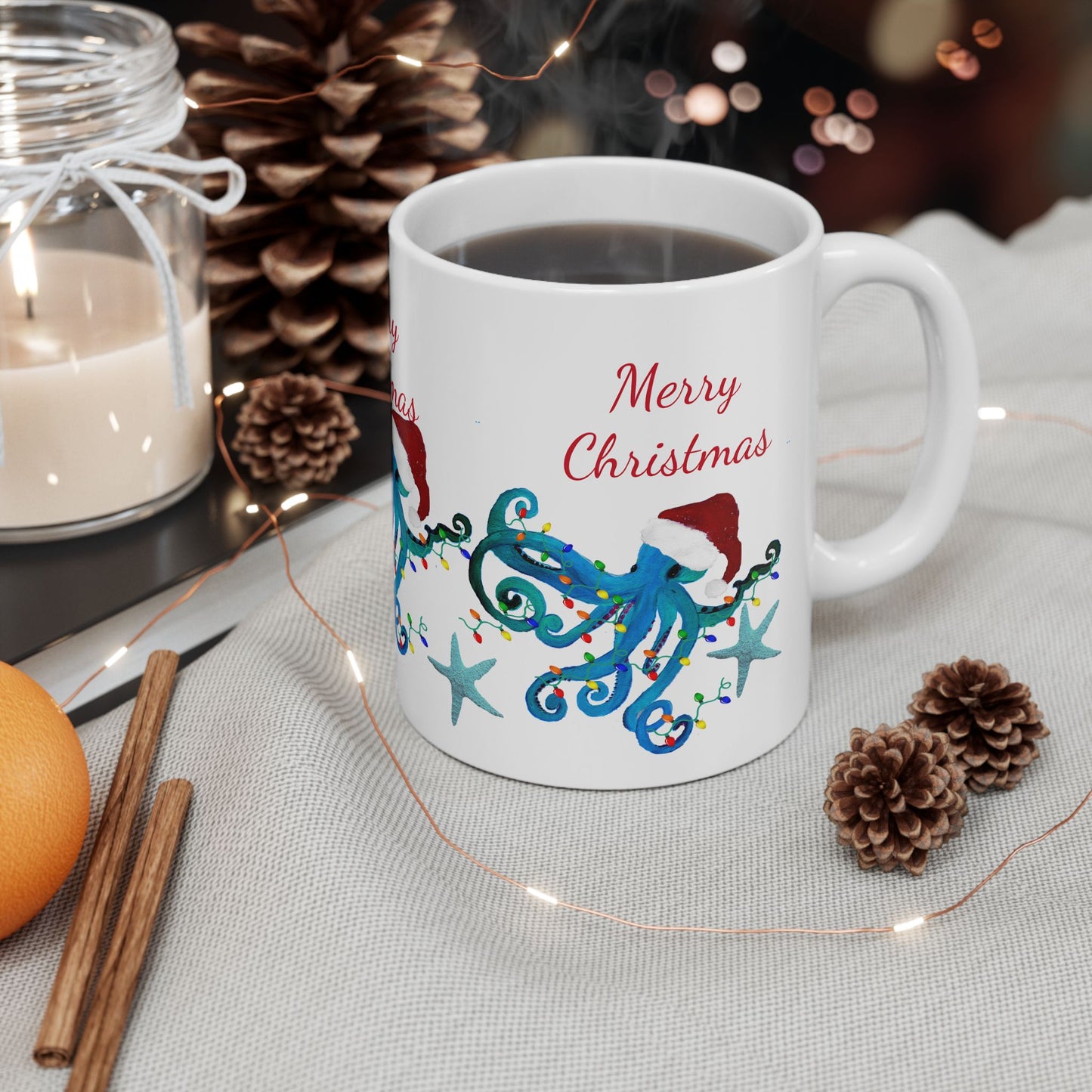 Christmas blue octopus Ceramic Mug (11oz, 15oz) - Coastal Holiday Coffee Cup - Great Christmas Gift