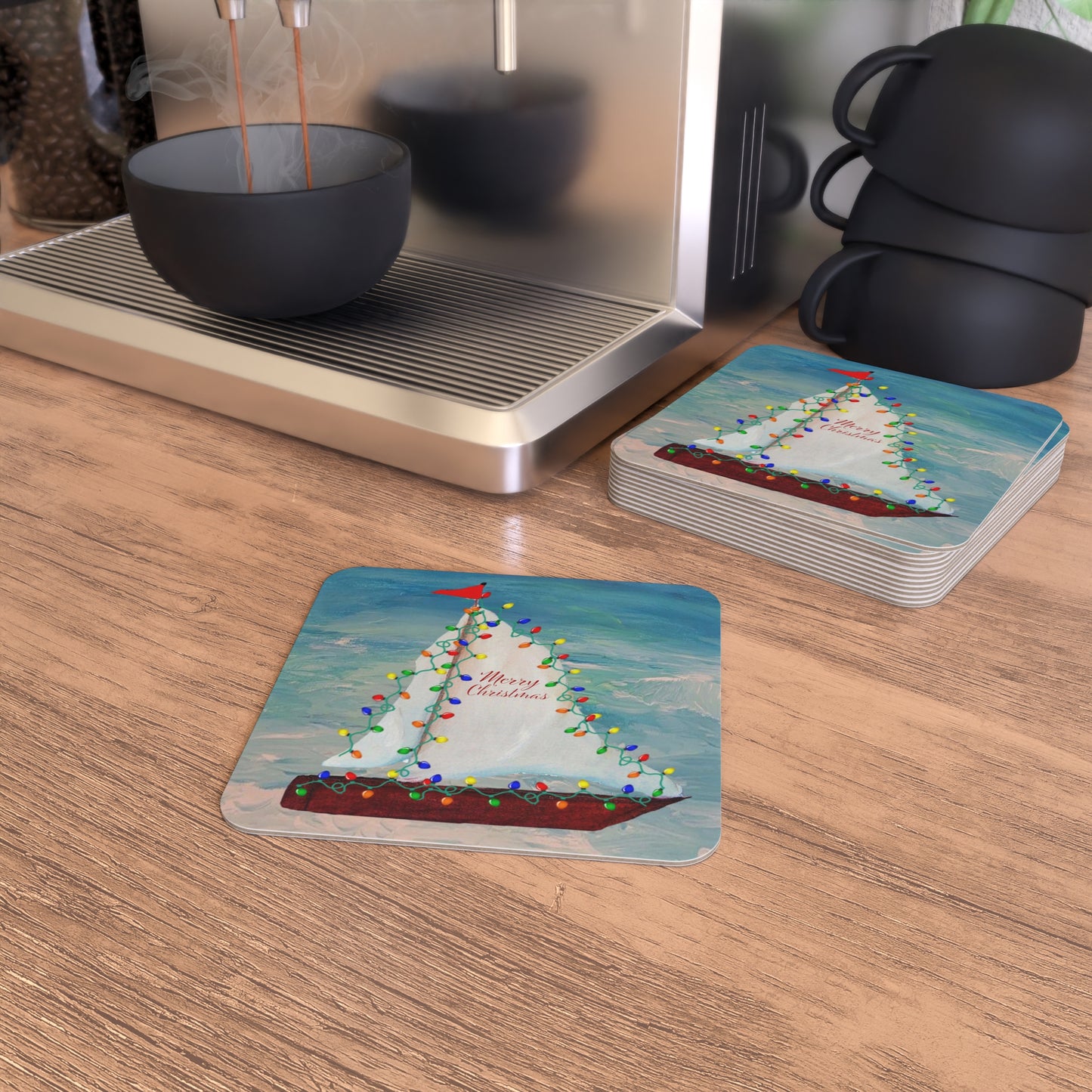 Christmas nautical boat parade with colorful Holiday lights party Coasters Set Hardboard (50 or 100 pcs) Size 4 x 4 inches.