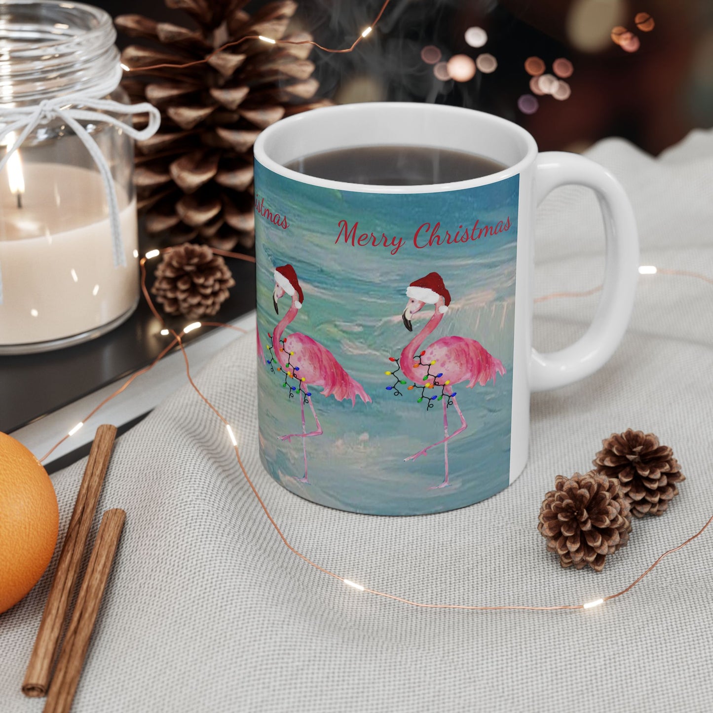 Flamingo Christmas on clearwater beach  Ceramic Mug (11oz, 15oz) - Coastal Holiday Coffee Cup - Great Christmas Gift