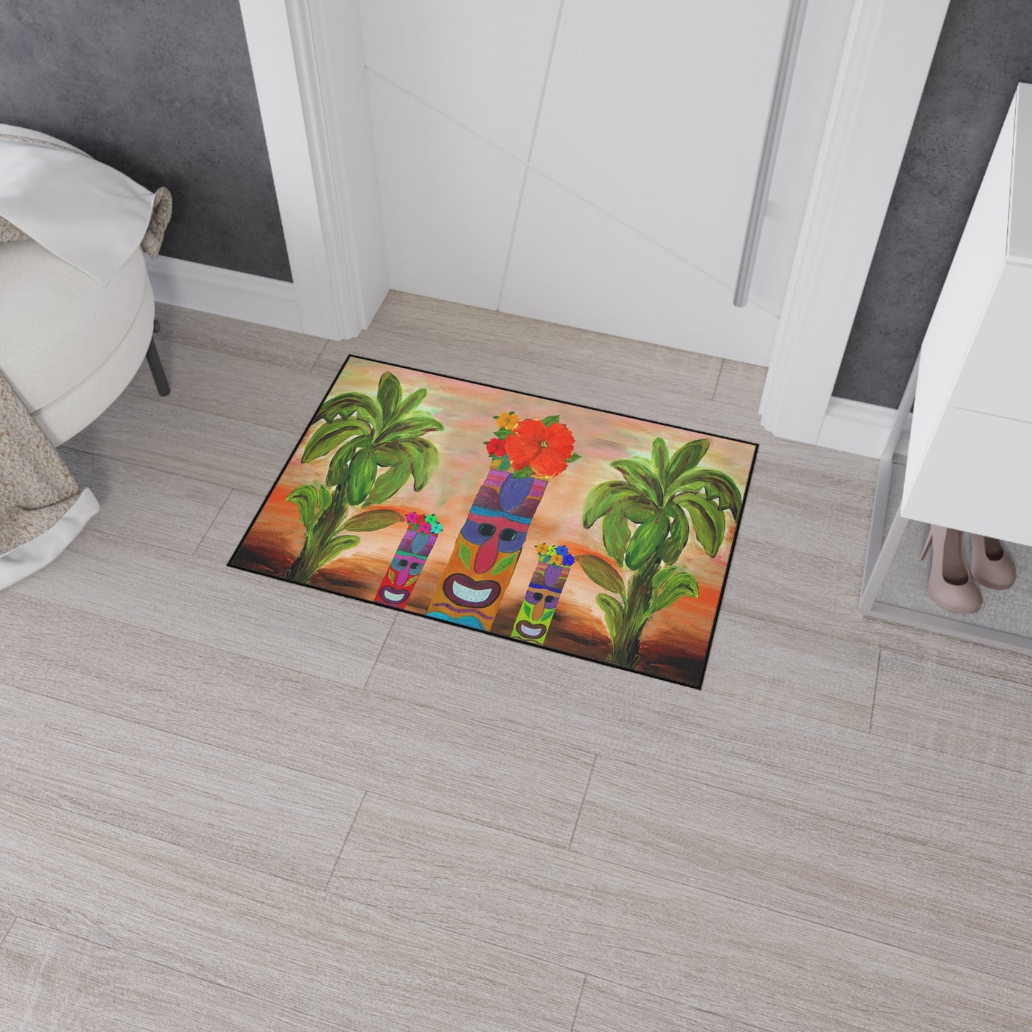 Tiki man tropical theme coastal door floormat for indoor or outdoor with Non-Skid Backing, 5 Sizes Available