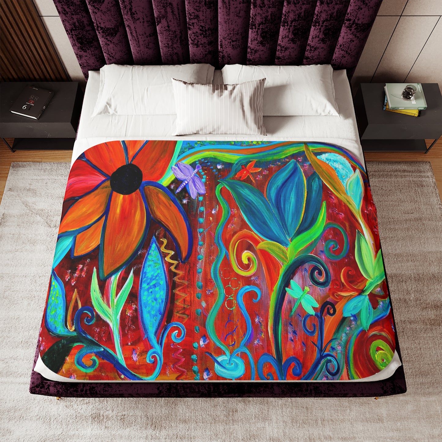 Abstract floral intuitive art orange, blue, greens Sherpa Blanket, Coastal Mermaid and Dolphins Design, Two Colors