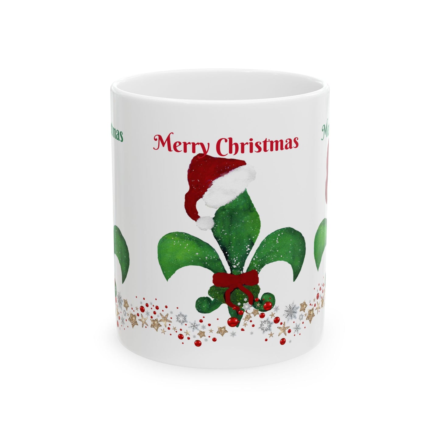 Santa fleur de lis red green white Holiday Christmas Ceramic Mug (11oz, 15oz) - Holiday Coffee Cup - Great Cajun Christmas Gift