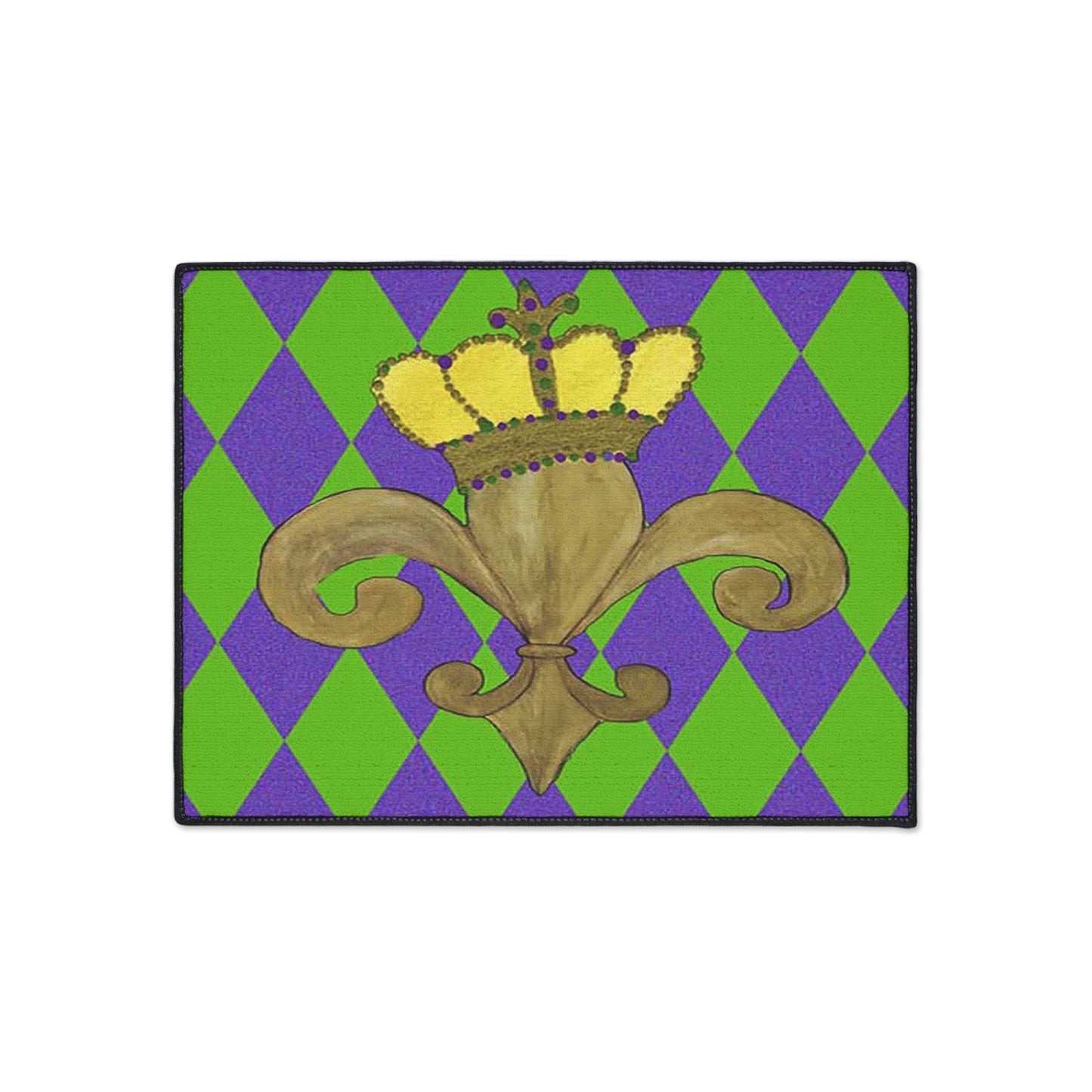 Floor Mat - Mardi Gras Gold Fleur De Lis on Purple and Yellow Background, Non-Skid Backing, 5 Sizes Available