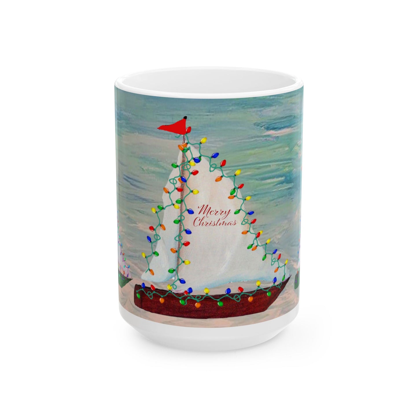 Nautical Christmas red and green sailboats Ceramic Mug (11oz, 15oz) - Coastal Holiday Coffee Cup - Great Christmas Gift