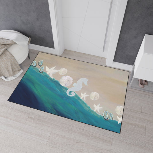 Coastal Shores with seahorse and seashells Beach Home door floormat rug with non-skid backing- Available in 5 Sizes