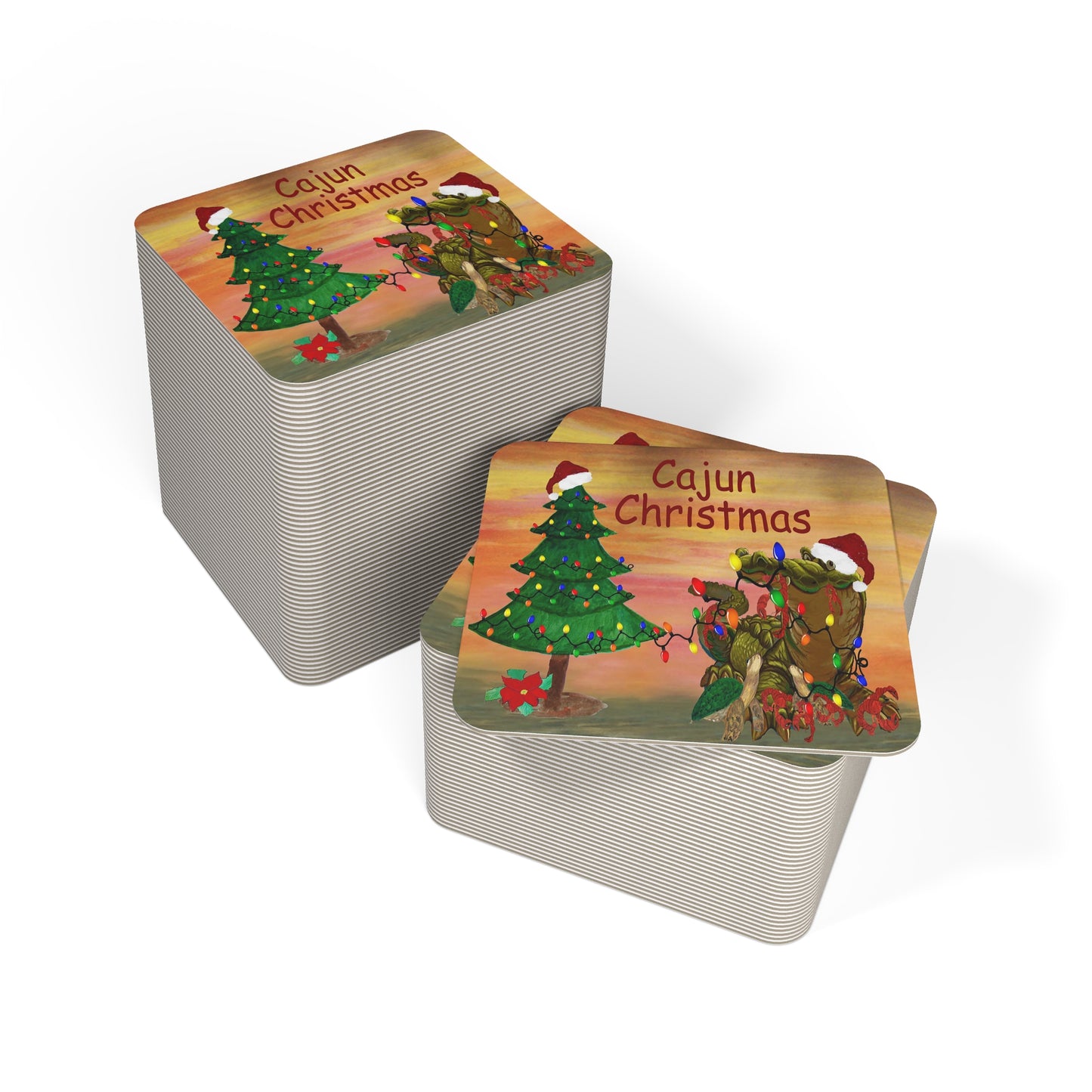 Cajun Christmas Coasters Set bayou Party Bar Hardboard (50 or 100 pcs) Size 4 x 4 inches.