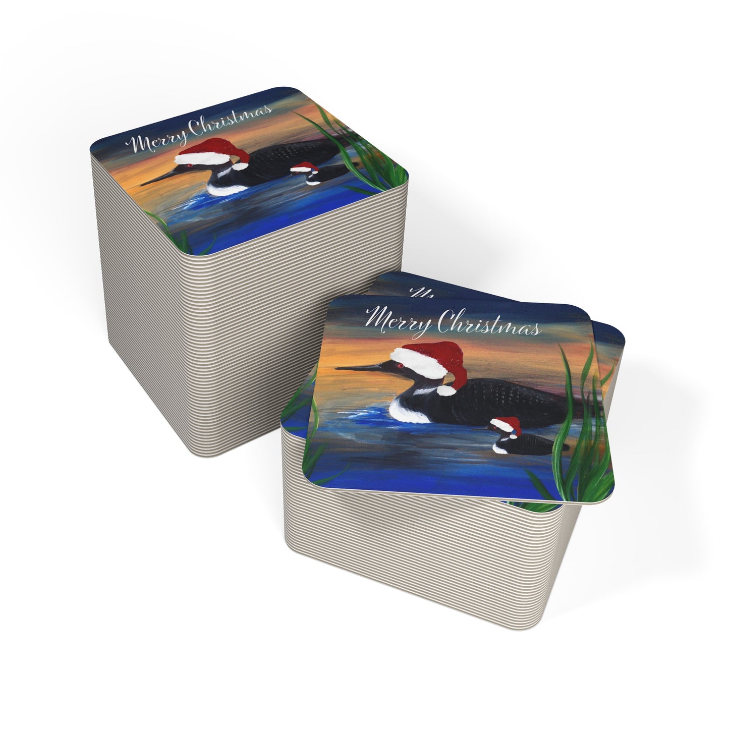 Loon Christmas lake house Holiday party Coasters Set Hardboard (50 or 100 pcs) Size 4 x 4 inches.