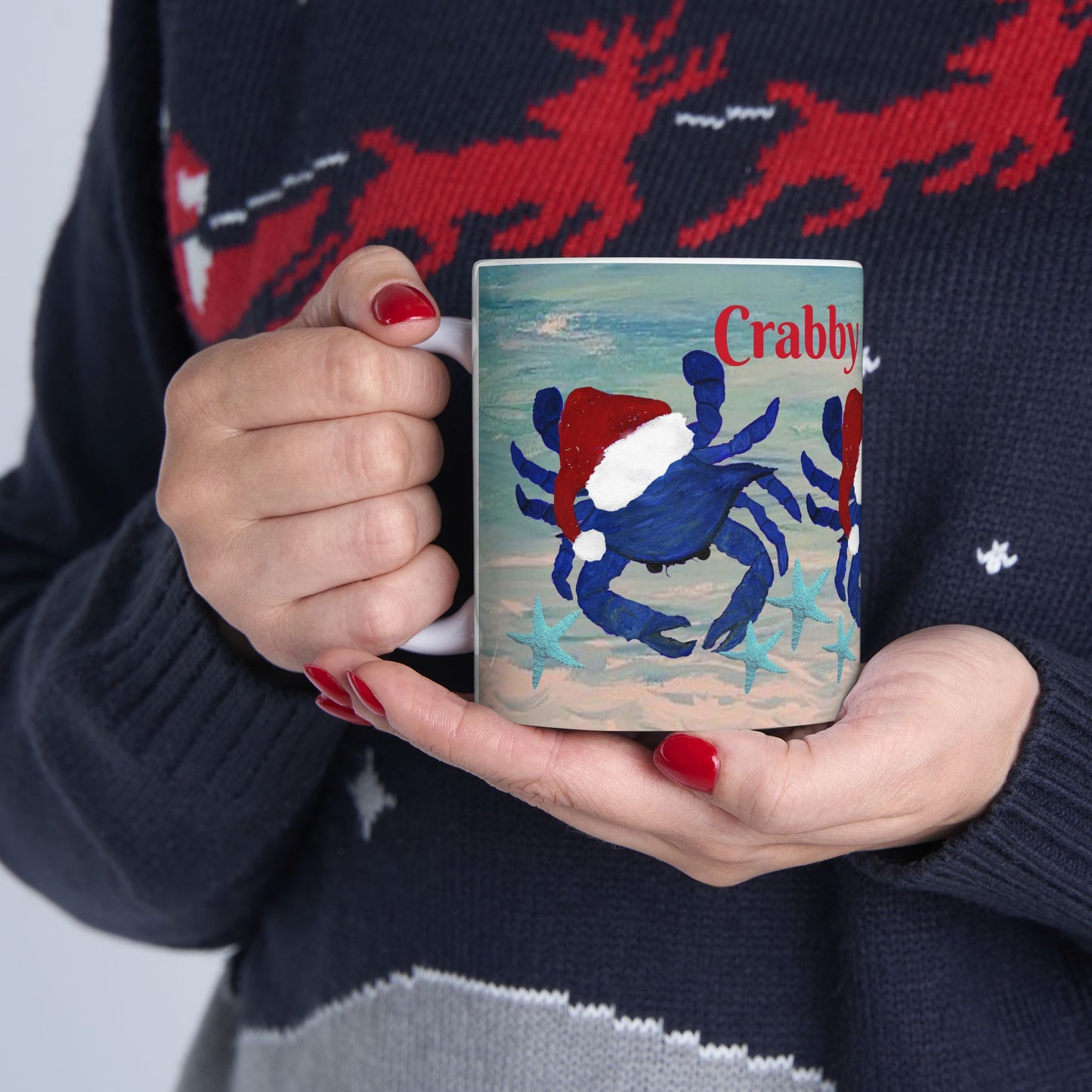 Crabby Christmas blue crab in clearwater beach coastal Holiday party Ceramic Mug (11oz, 15oz) - Coffee Cup - Funny Christmas Gift mug.