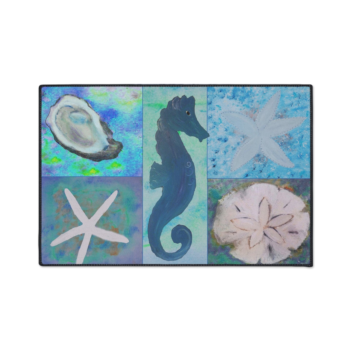 Seahorse and seashells blue Beach Home door floormat rug with non-skid backing- Available in 5 Sizes