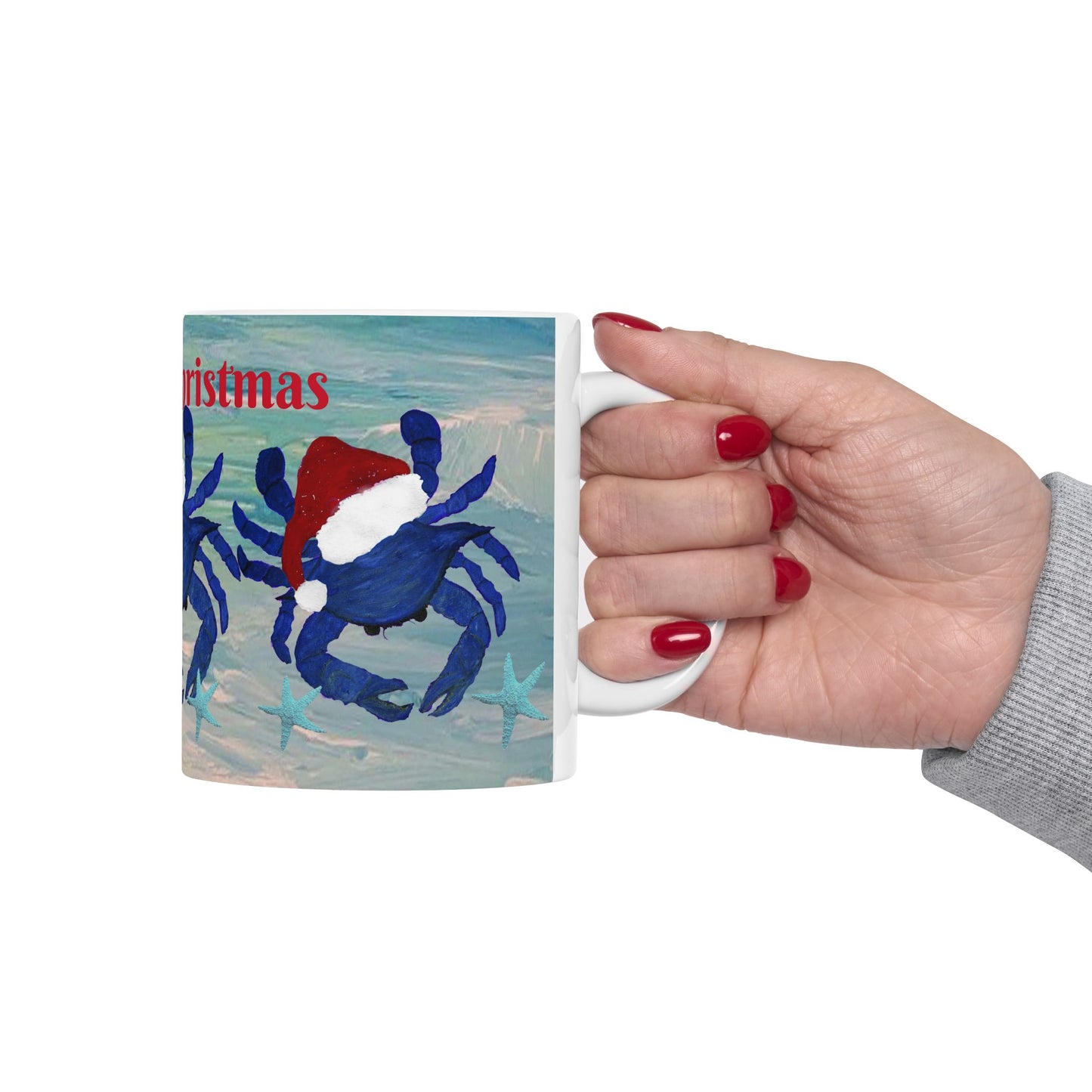 Crabby Christmas blue crab in clearwater beach coastal Holiday party Ceramic Mug (11oz, 15oz) - Coffee Cup - Funny Christmas Gift mug.