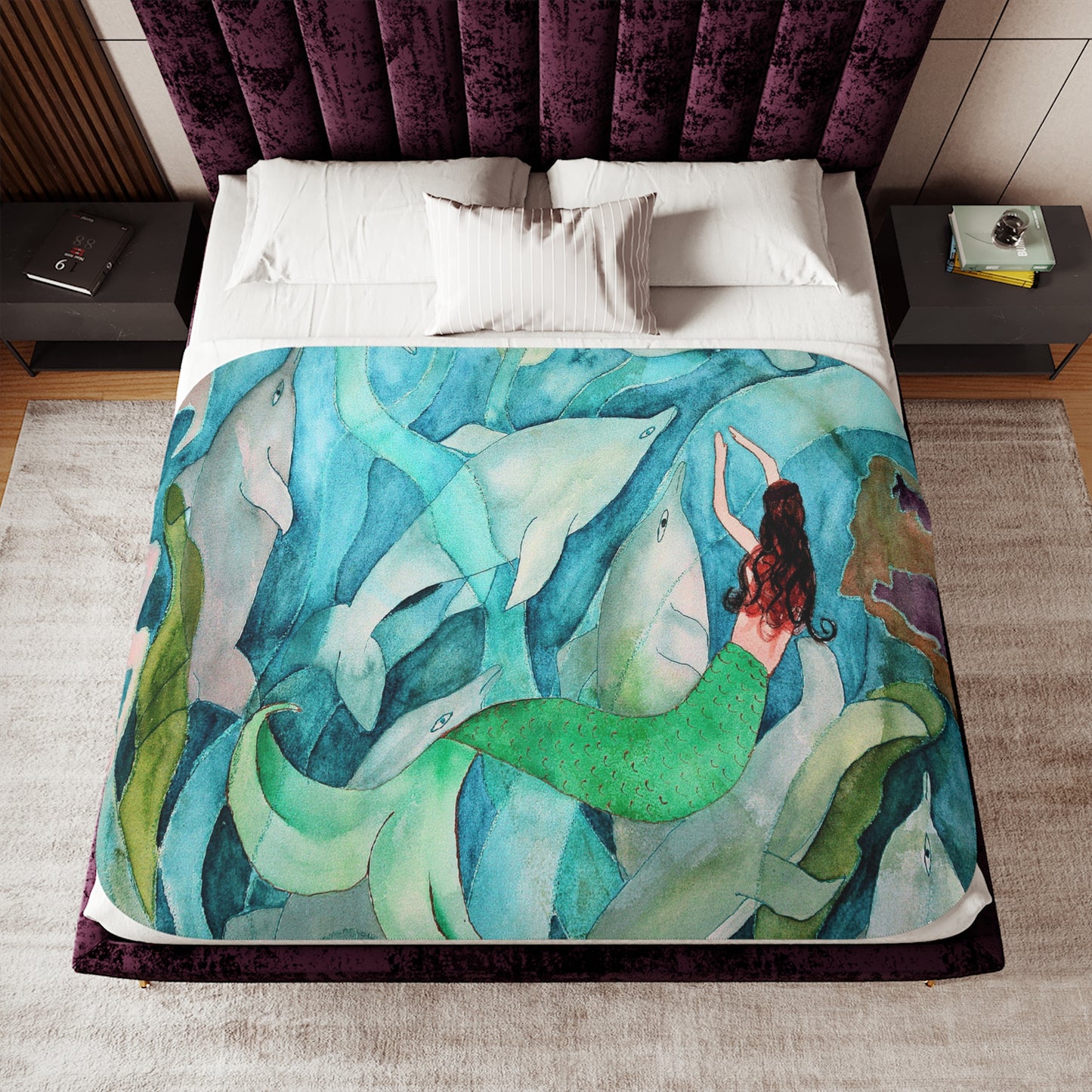 Sherpa Blanket, Coastal Mermaid and Dolphins Design, Two Colors