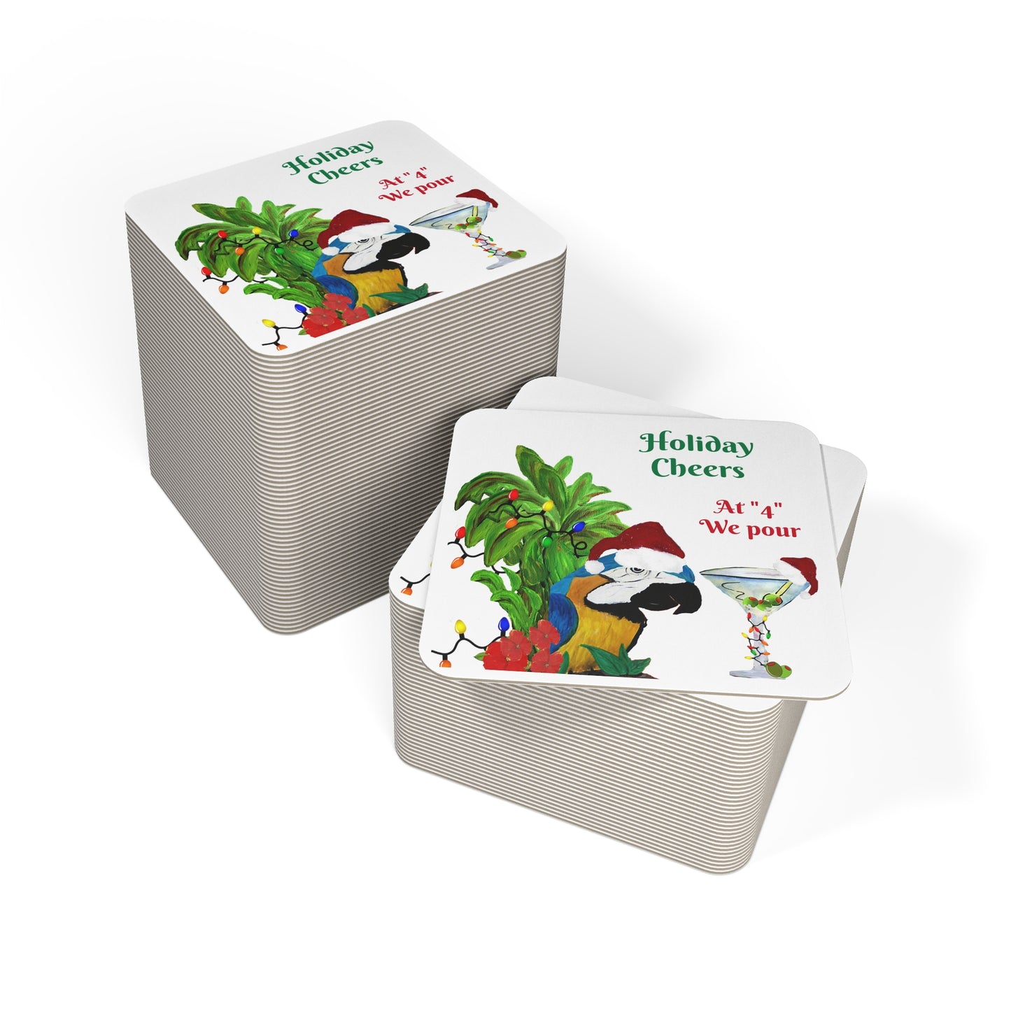 Martini Christmas Coasters Set Parrot Head Holiday Martini Party Bar Hardboard (50 or 100 pcs) Size 4 x 4 inches.