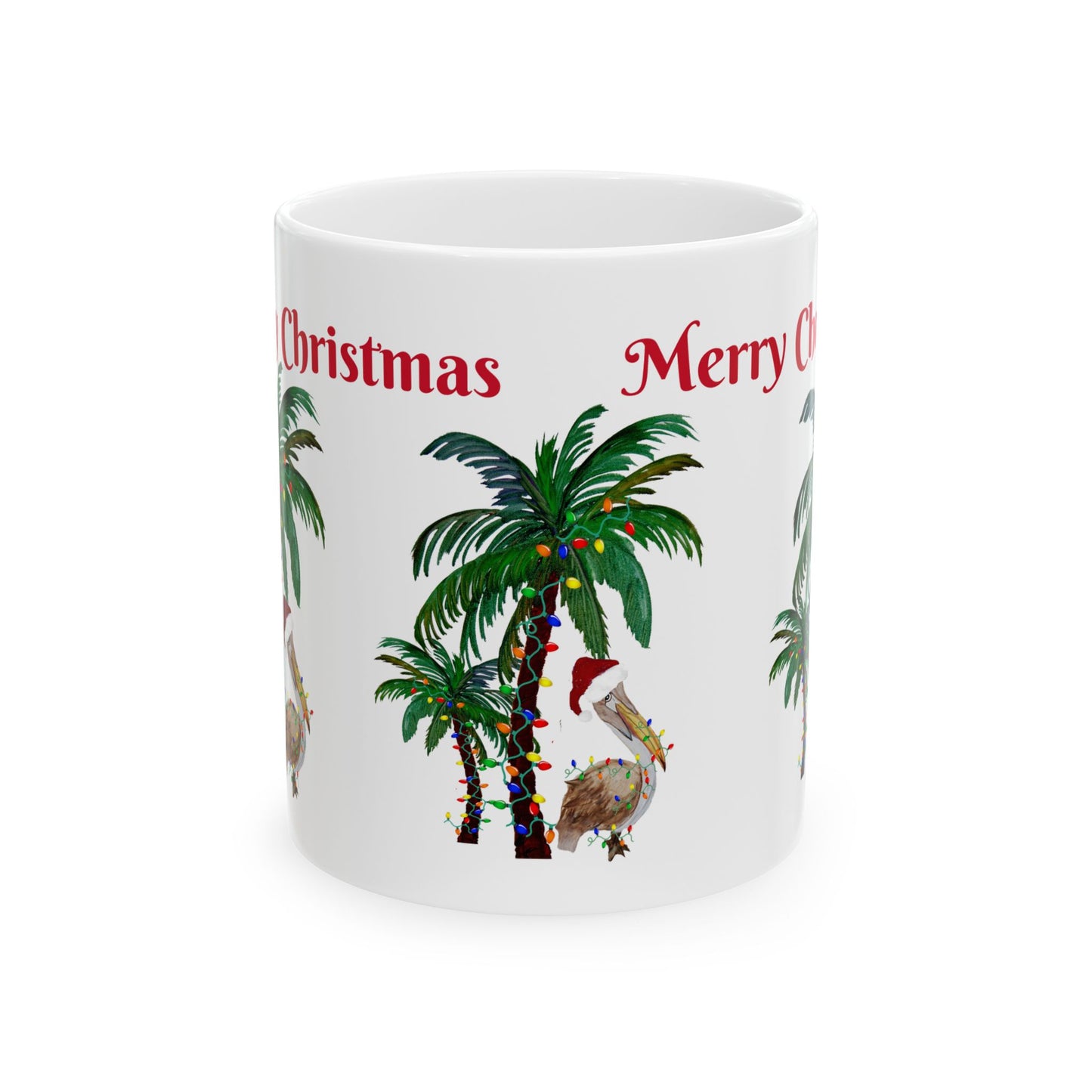 Pelican tropical Christmas with decorated palm trees Ceramic Mug (11oz, 15oz) - Coastal Holiday Coffee Cup - Great Christmas Gift