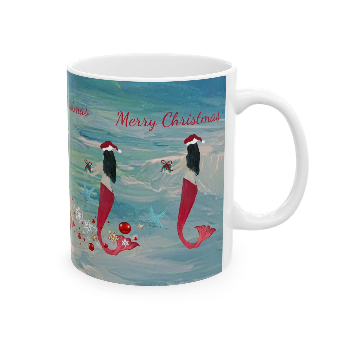 Mermaid and starfish Christmas on clearwater beach  Ceramic Mug (11oz, 15oz) - Coastal Holiday Coffee Cup - Great Christmas Gift