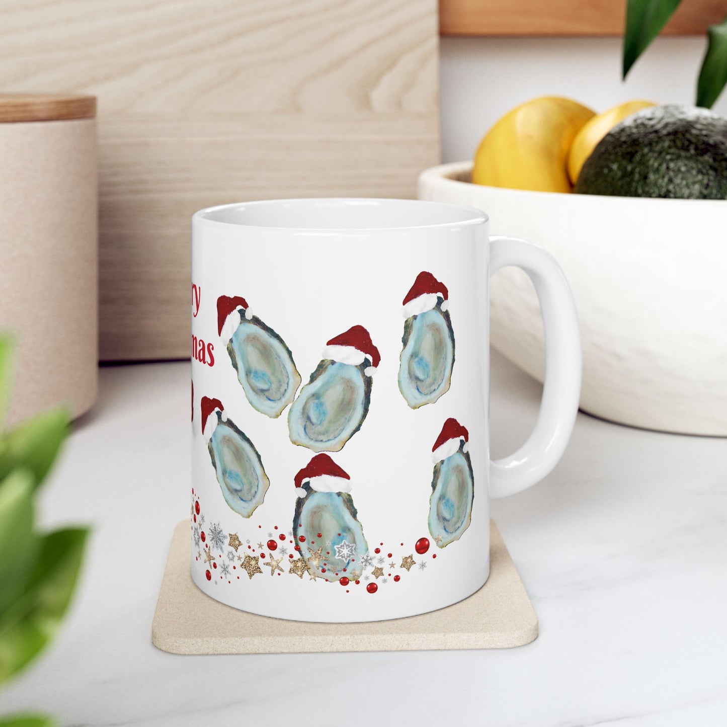 Coastal Christmas Santa oyster shells home seashells Christmas Ceramic Mug (11oz, 15oz) - Holiday Coffee Cup - Great Christmas Gift. Coastal kitchen mugs.