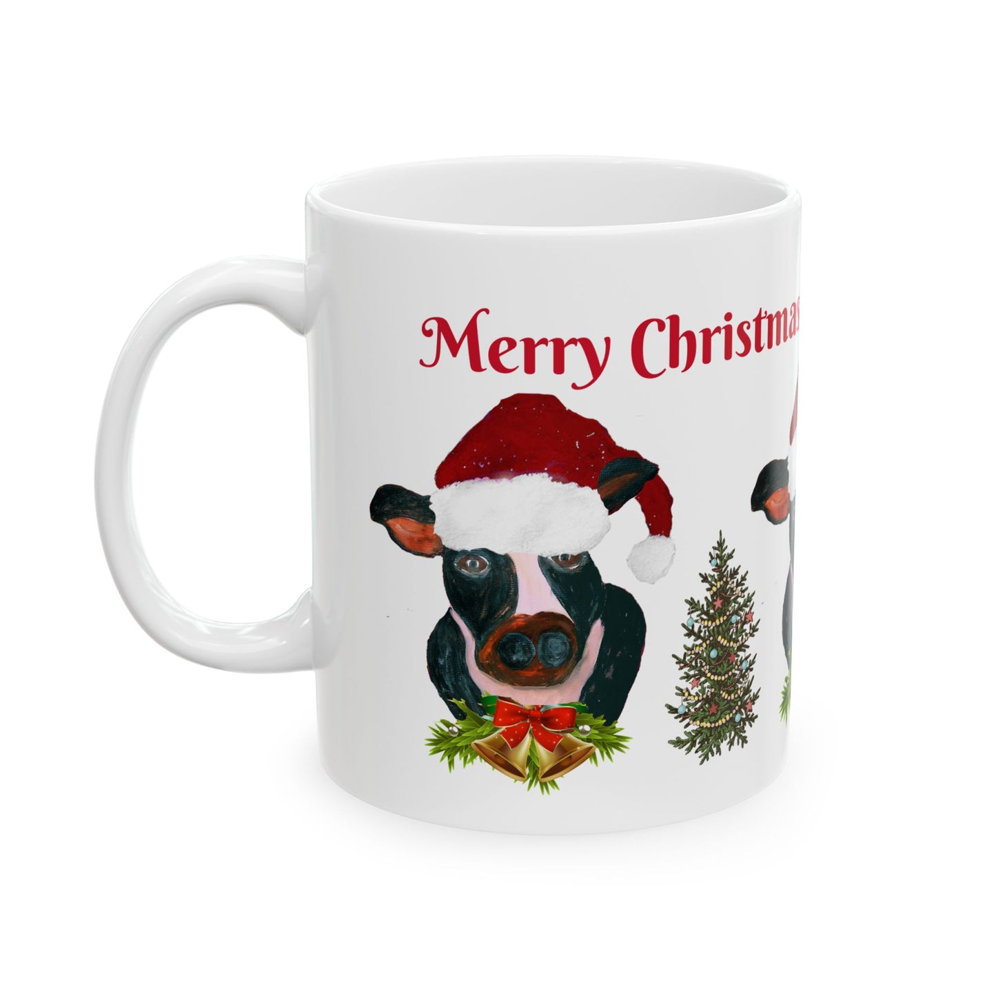 Country home Santa cow Holiday Christmas Ceramic Mug (11oz, 15oz) - Holiday Coffee Cup - Great Christmas Gift. Farm house gift.