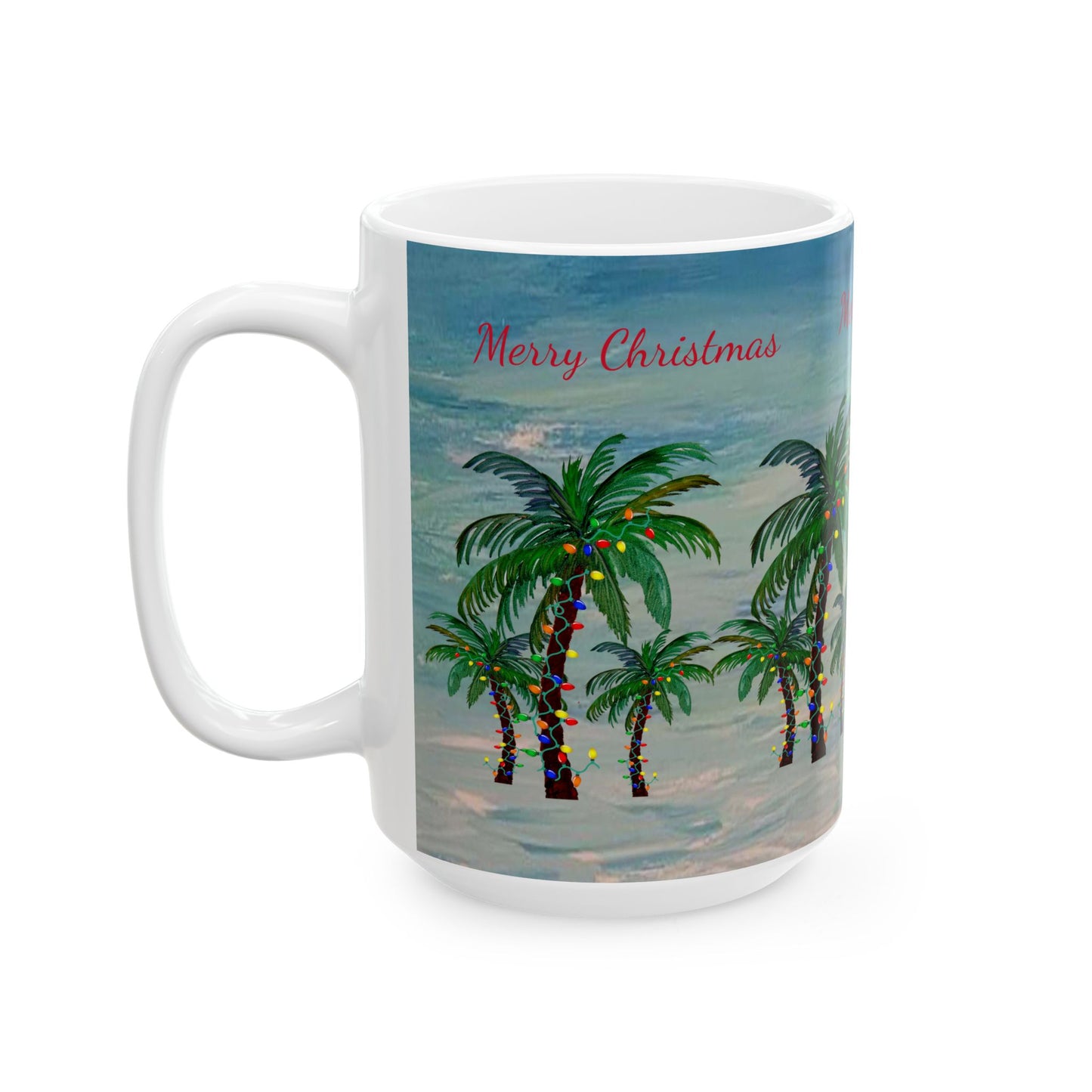 Christmas Palm Trees Ceramic Mug (11oz, 15oz) - Coastal Holiday Coffee Cup - Great Christmas Gift