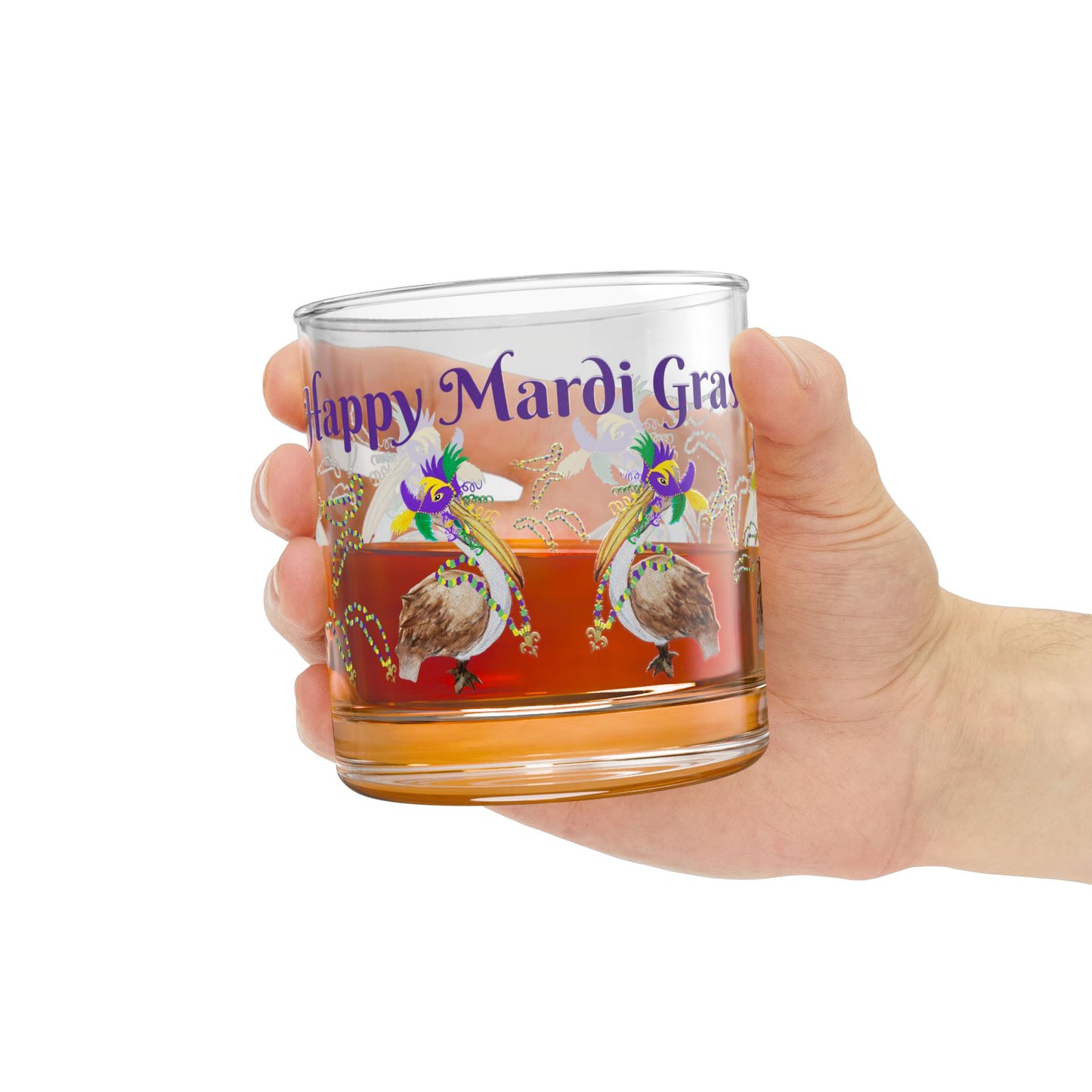 Mardi Gras Pelicans and beads party barware party cocktail Rocks Glass, 10oz