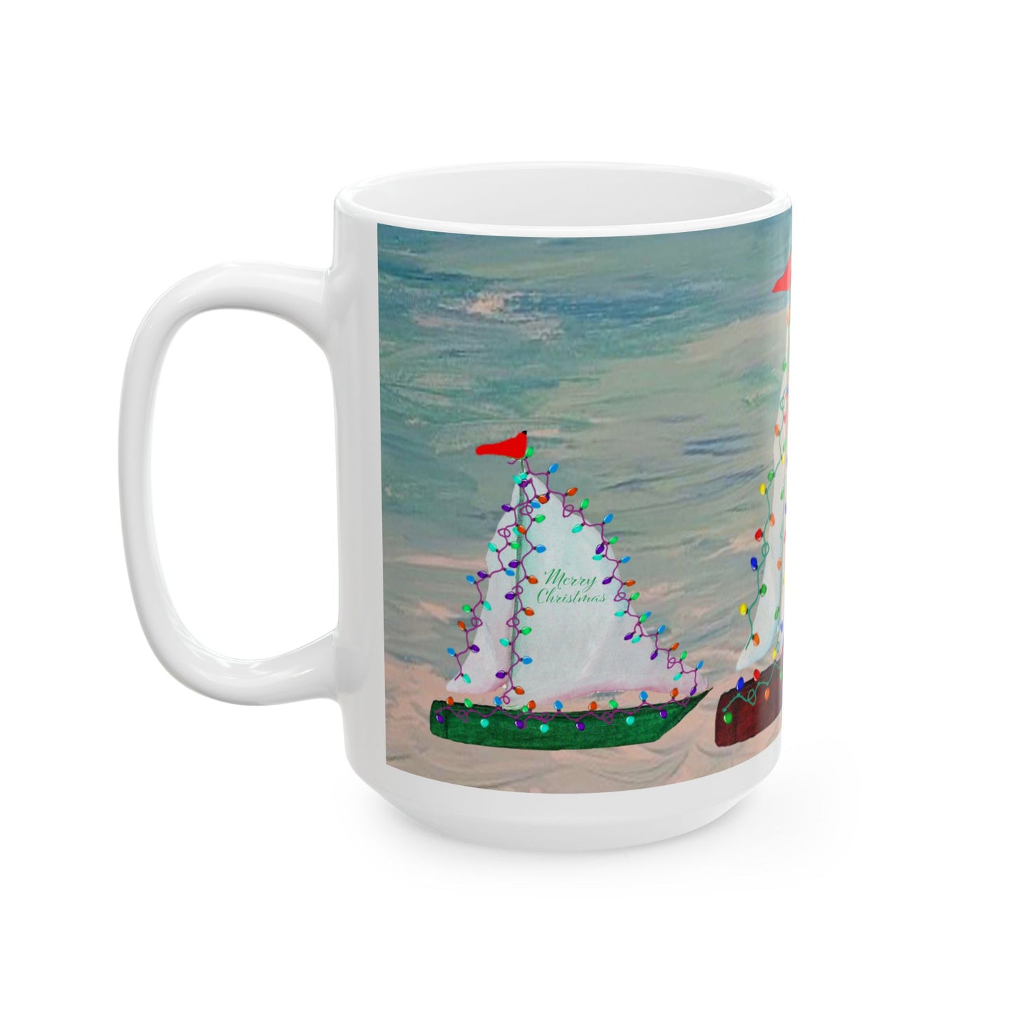 Nautical Christmas red and green sailboats Ceramic Mug (11oz, 15oz) - Coastal Holiday Coffee Cup - Great Christmas Gift