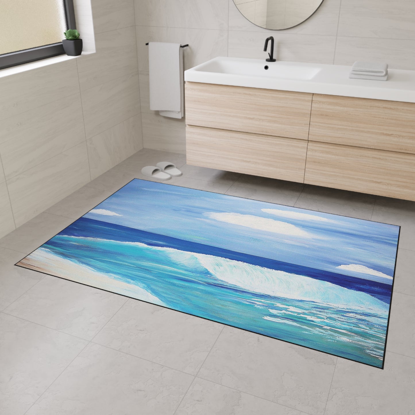 Floor Mat - Coastal Beach Wave Theme with Non-Skid Backing, 5 Sizes Available