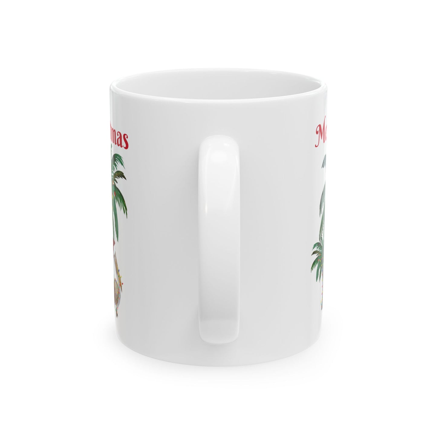 Pelican tropical Christmas with decorated palm trees Ceramic Mug (11oz, 15oz) - Coastal Holiday Coffee Cup - Great Christmas Gift