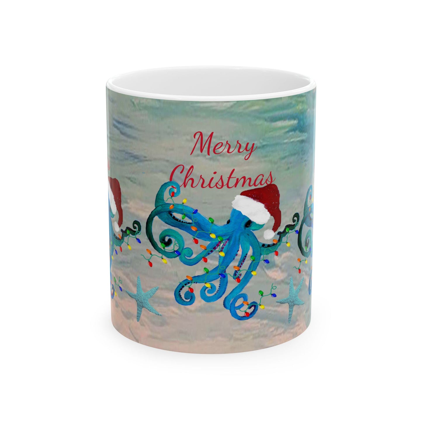 Christmas blue octopus in clearwater beach Ceramic Mug (11oz, 15oz) - Coastal Holiday Coffee Cup - Great Christmas Gift