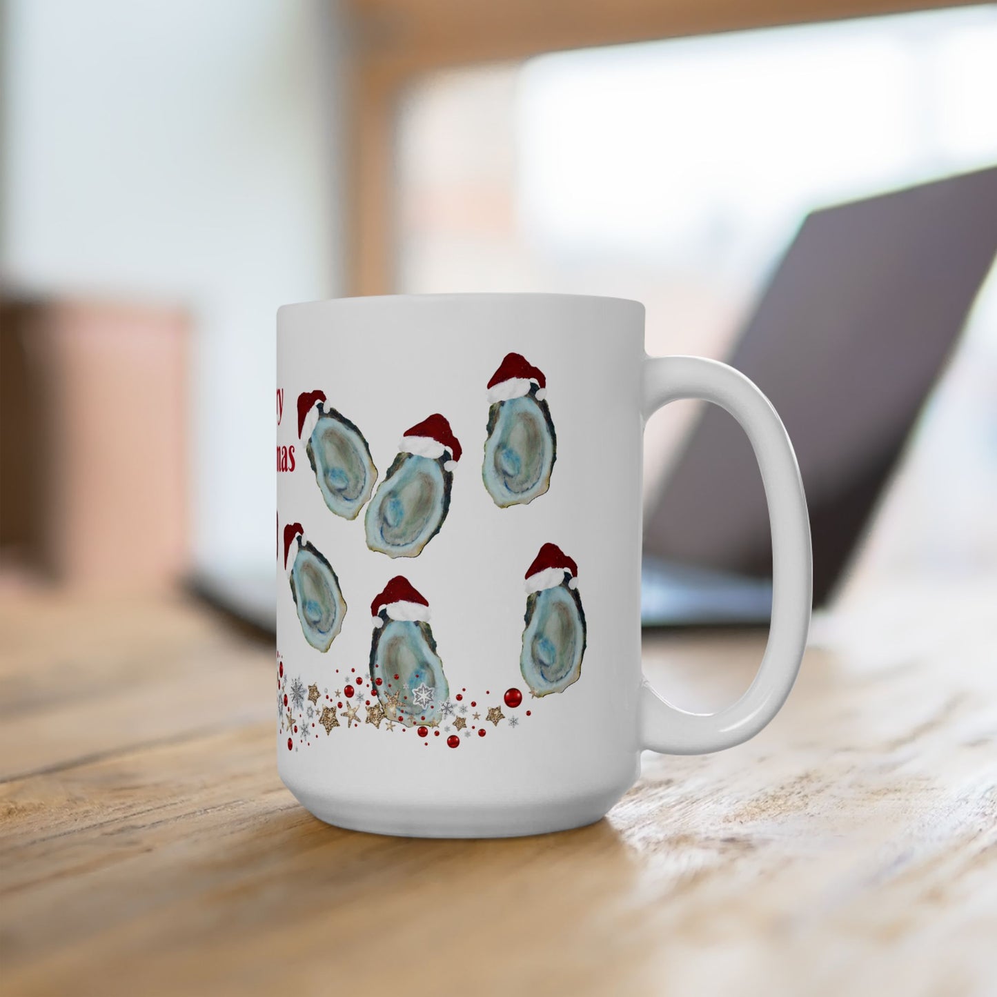 Coastal Christmas Santa oyster shells home seashells Christmas Ceramic Mug (11oz, 15oz) - Holiday Coffee Cup - Great Christmas Gift. Coastal kitchen mugs.