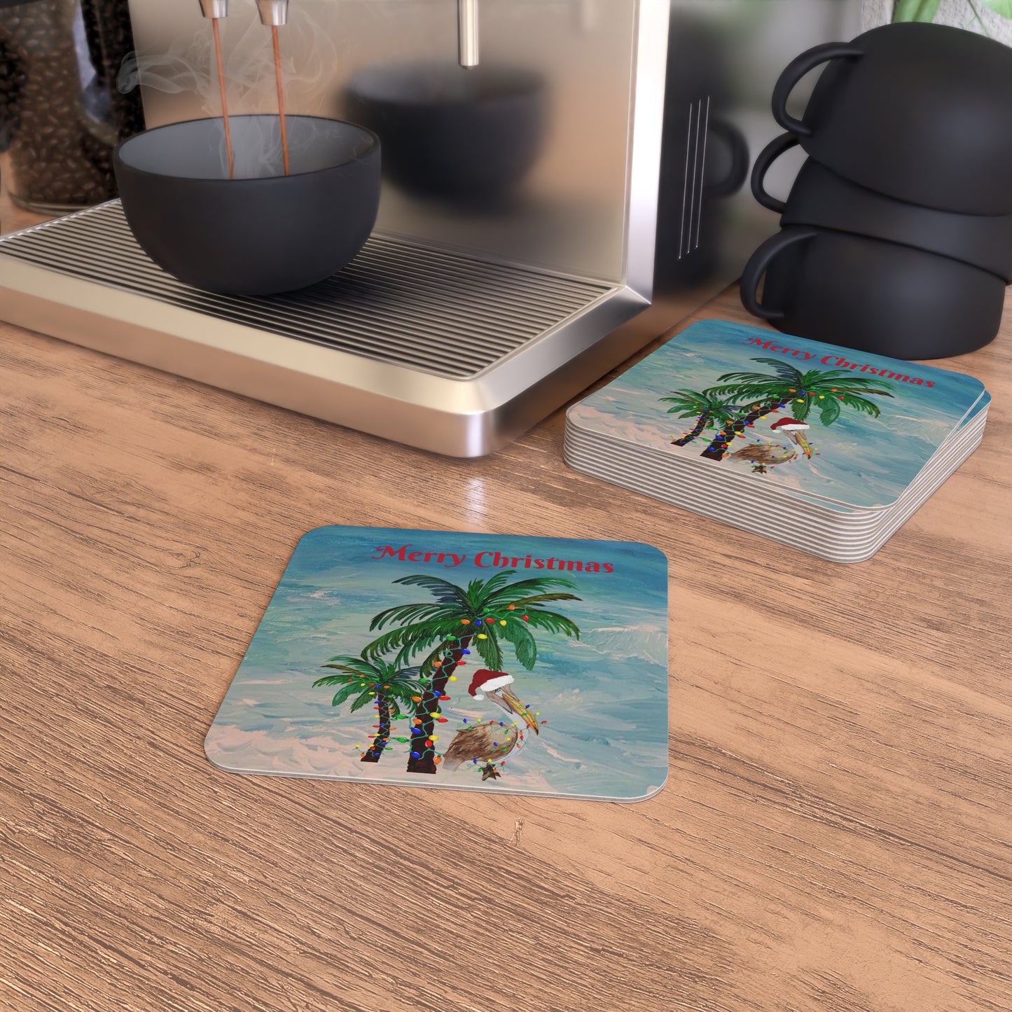 Pelican and palm trees Christmas tropical Holiday party Coasters Set Hardboard (50 or 100 pcs) Size 4 x 4 inches.