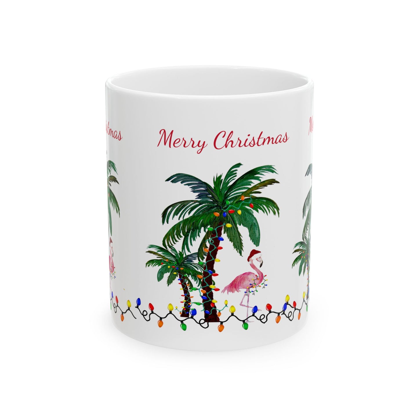 Christmas flamingo and Palm Trees Ceramic Mug (11oz, 15oz) - Coastal Holiday Coffee Cup - Great Christmas Gift