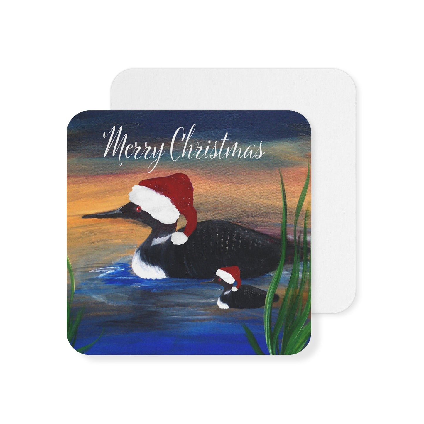 Loon Christmas lake house Holiday party Coasters Set Hardboard (50 or 100 pcs) Size 4 x 4 inches.