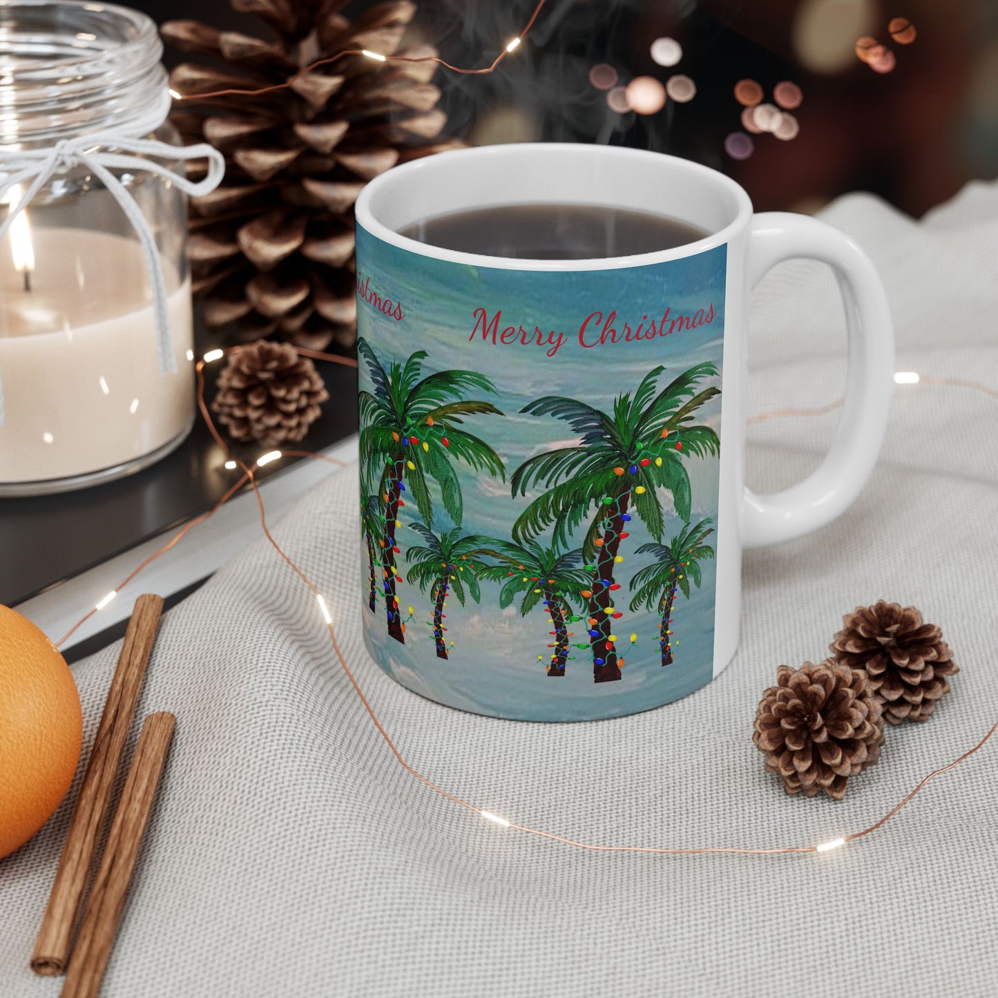 Christmas Palm Trees Ceramic Mug (11oz, 15oz) - Coastal Holiday Coffee Cup - Great Christmas Gift