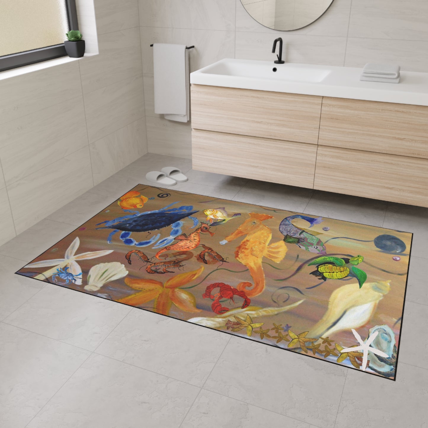 Sealife, Seahorse and seashells blue Beach Home door floormat rug with non-skid backing- Available in 5 Sizes