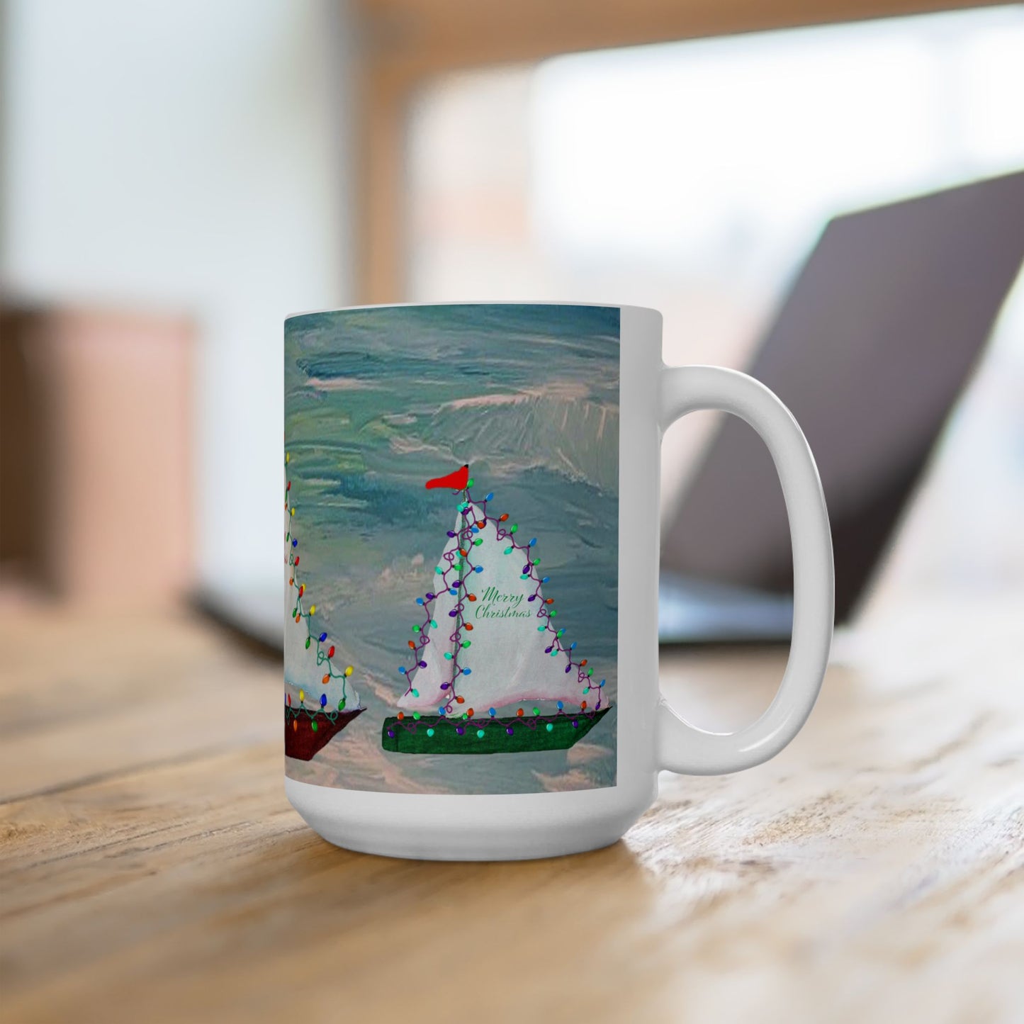 Nautical Christmas red and green sailboats Ceramic Mug (11oz, 15oz) - Coastal Holiday Coffee Cup - Great Christmas Gift