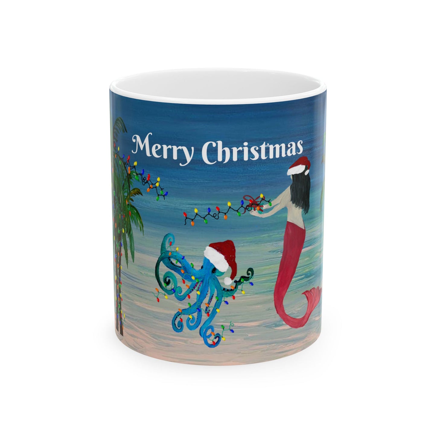 Christmas mermaid and octopus trim a Holiday palm tree in clearwater beach Ceramic Mug (11oz, 15oz) - Coastal Holiday Coffee Cup - Great Christmas Gift