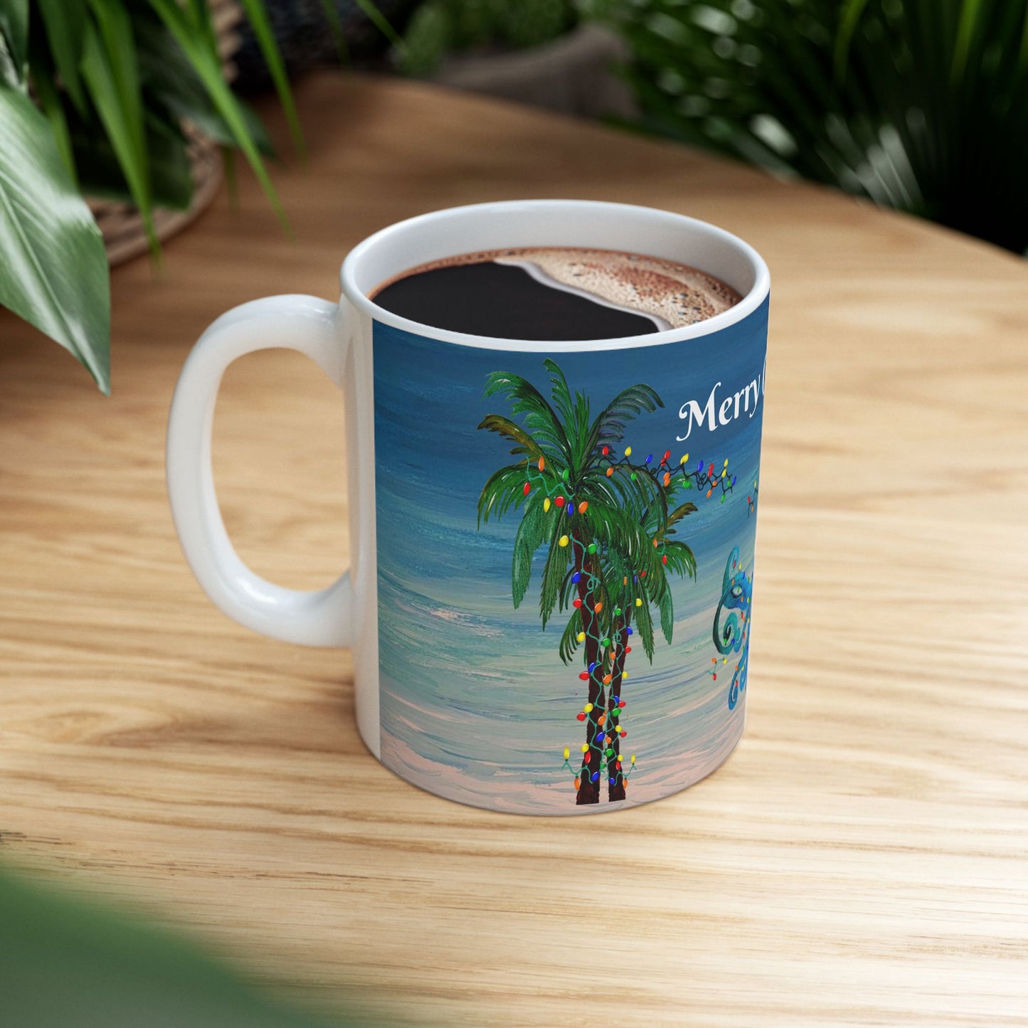 Christmas mermaid and octopus trim a Holiday palm tree in clearwater beach Ceramic Mug (11oz, 15oz) - Coastal Holiday Coffee Cup - Great Christmas Gift