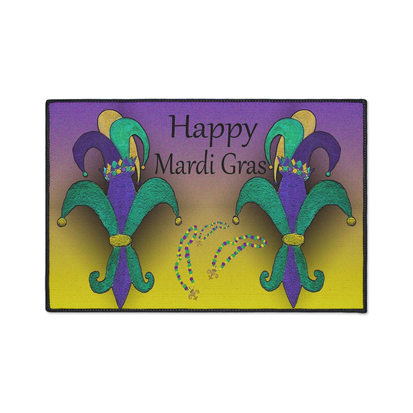 Jester Mardi Gras festive Fleur De Lis on Purple and Yellow Background, Non-Skid Backing, 5 Sizes Available