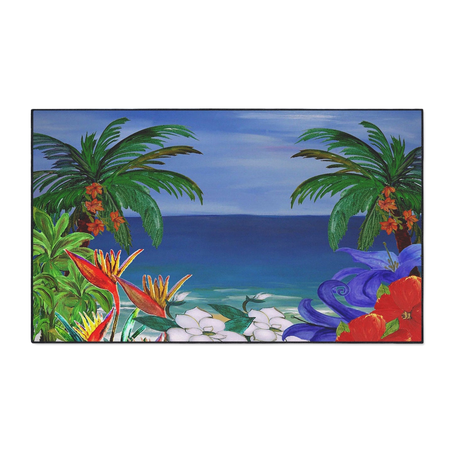 Floor Mat - Tropical Beach with Palm Trees and Flowers Coastal Door Floormat, Non-Skid Backing, 5 Sizes Available