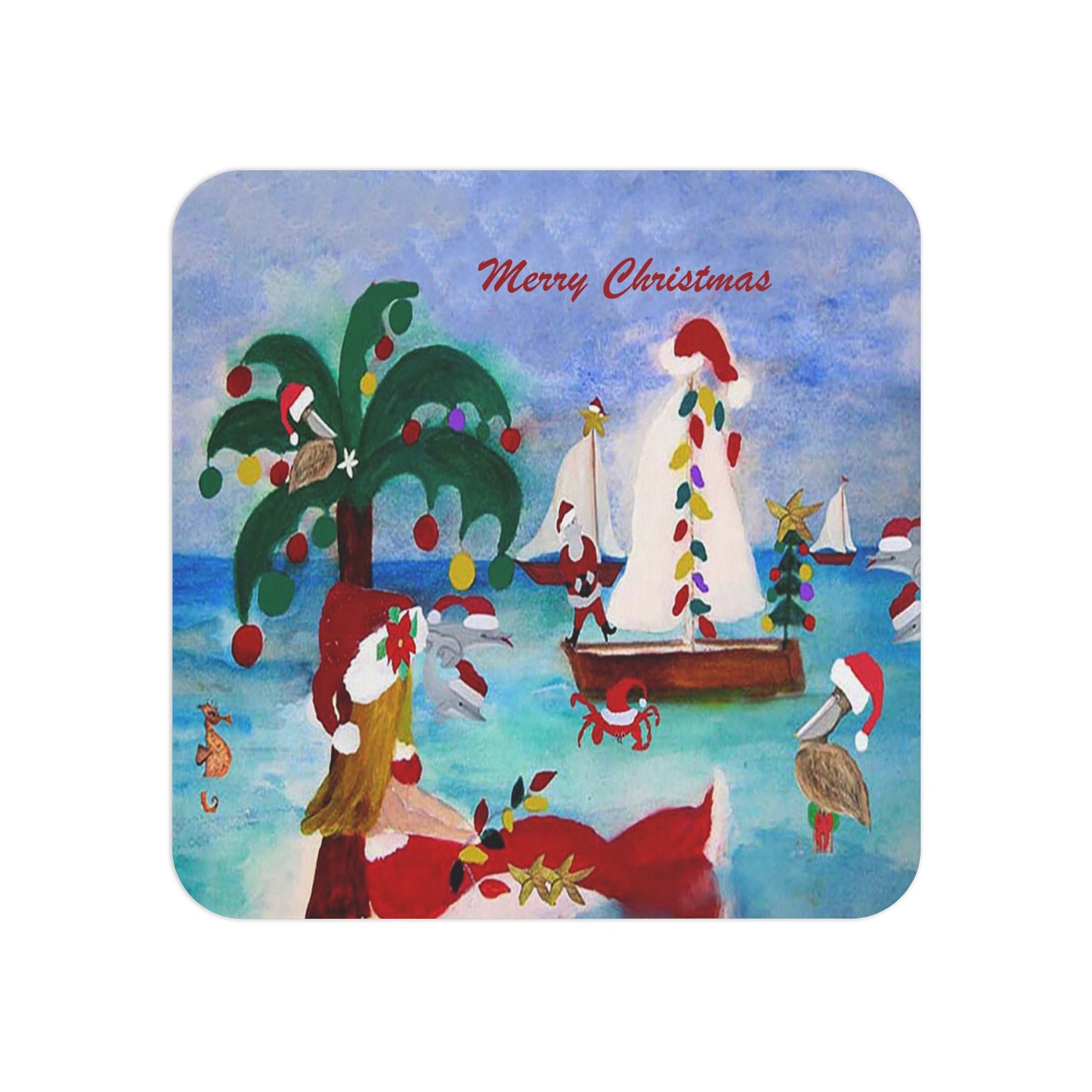 Christmas nautical boat parade with Santa mermaid Holiday party Coasters Set Hardboard (50 or 100 pcs) Size 4 x 4 inches.