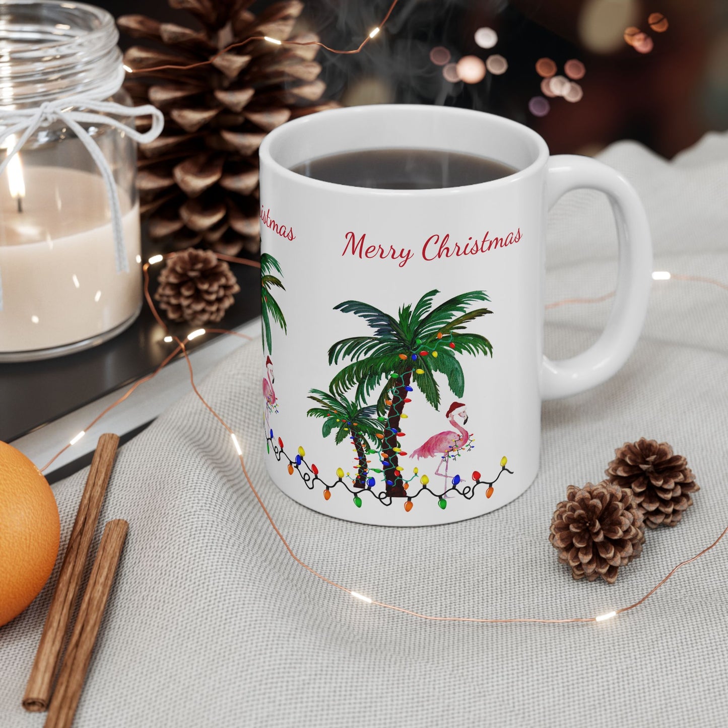 Christmas flamingo and Palm Trees Ceramic Mug (11oz, 15oz) - Coastal Holiday Coffee Cup - Great Christmas Gift