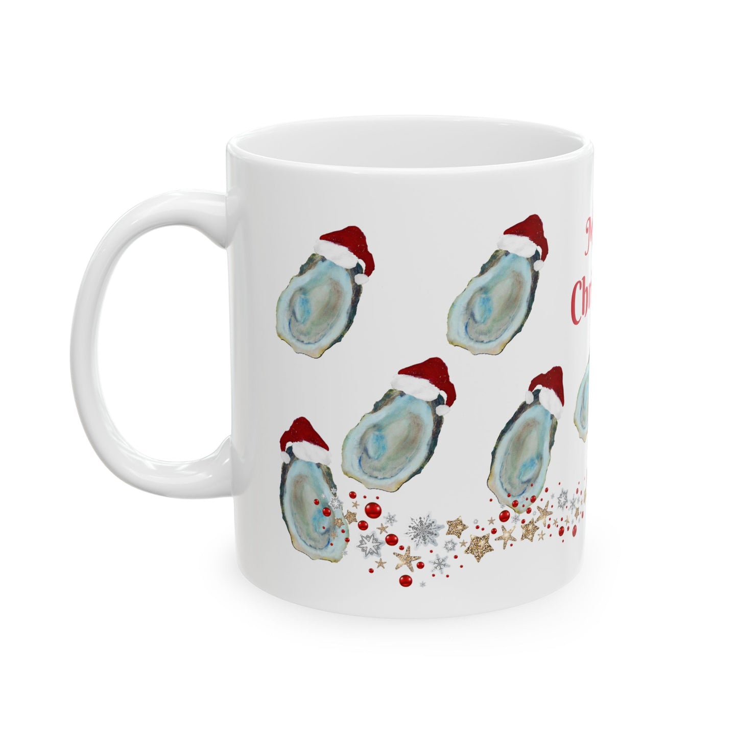 Coastal Christmas Santa oyster shells home seashells Christmas Ceramic Mug (11oz, 15oz) - Holiday Coffee Cup - Great Christmas Gift. Coastal kitchen mugs.